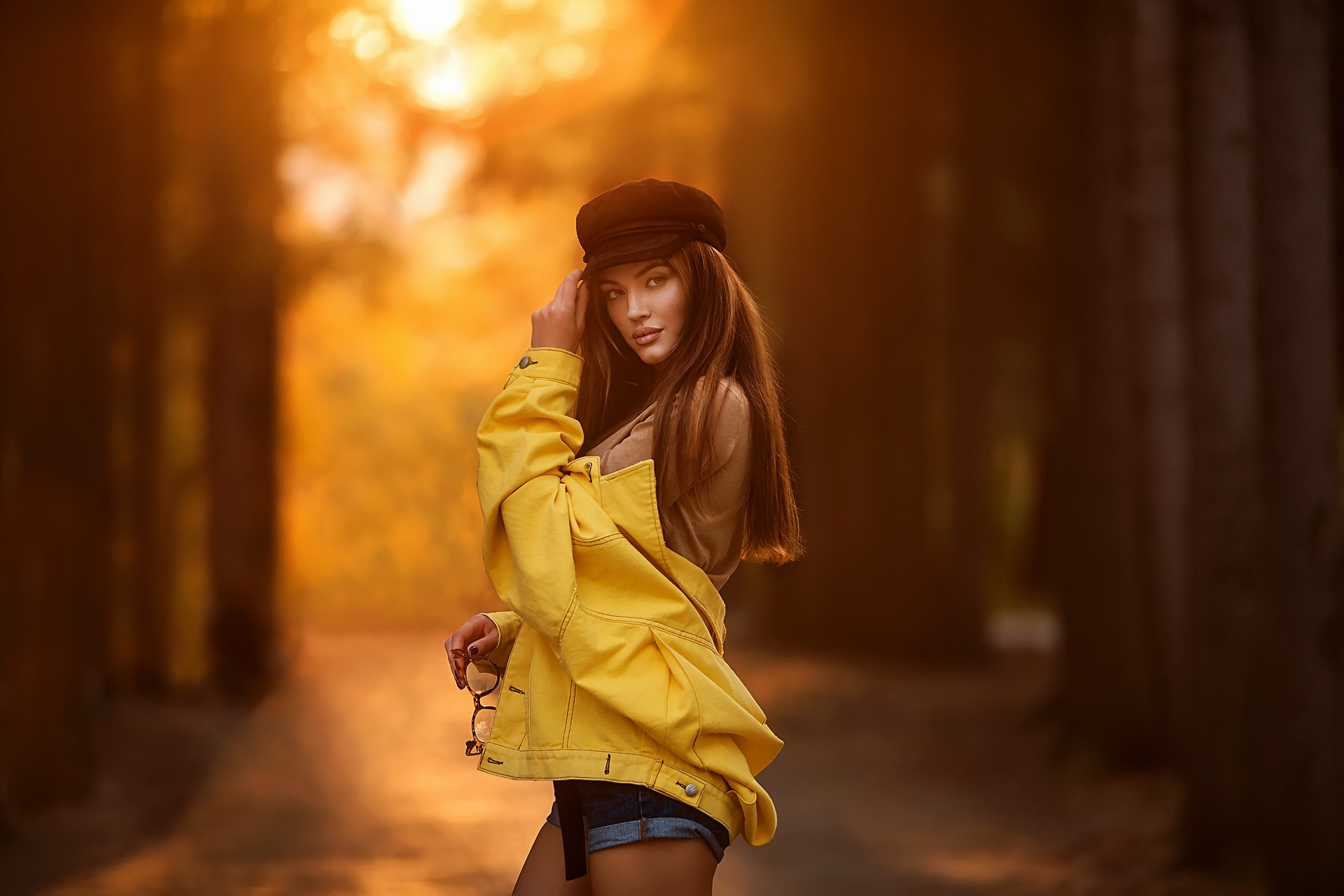 Anastasia Barmina Women Model Outdoors Brunette Looking At Viewer Glasses Berets Trees Sunset Depth  1920x1280