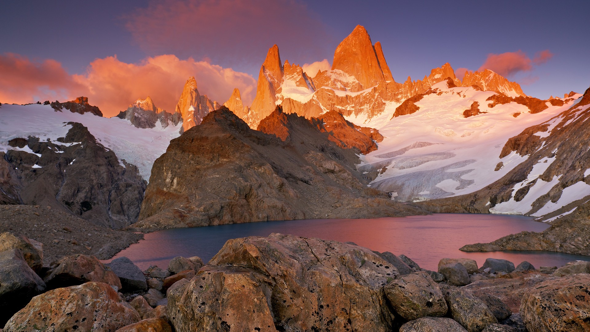 Nature Landscape Mountains Snow Rock Chile South America Sunset Clouds Water Lake 1920x1080