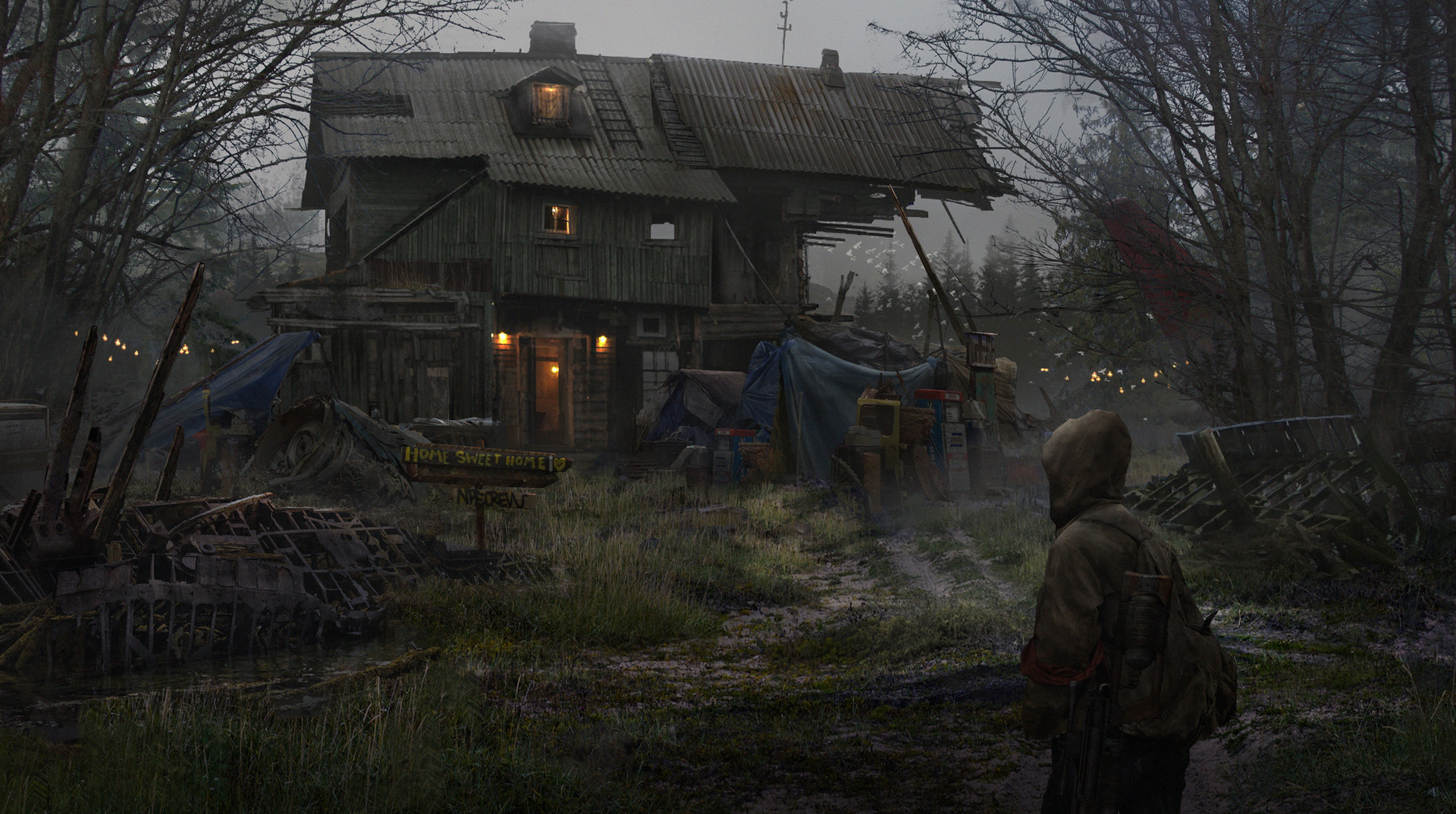 Eddie Mendoza E Mendoza Digital Art Artwork Concept Art Wood House Forest Weapon 1920x1074