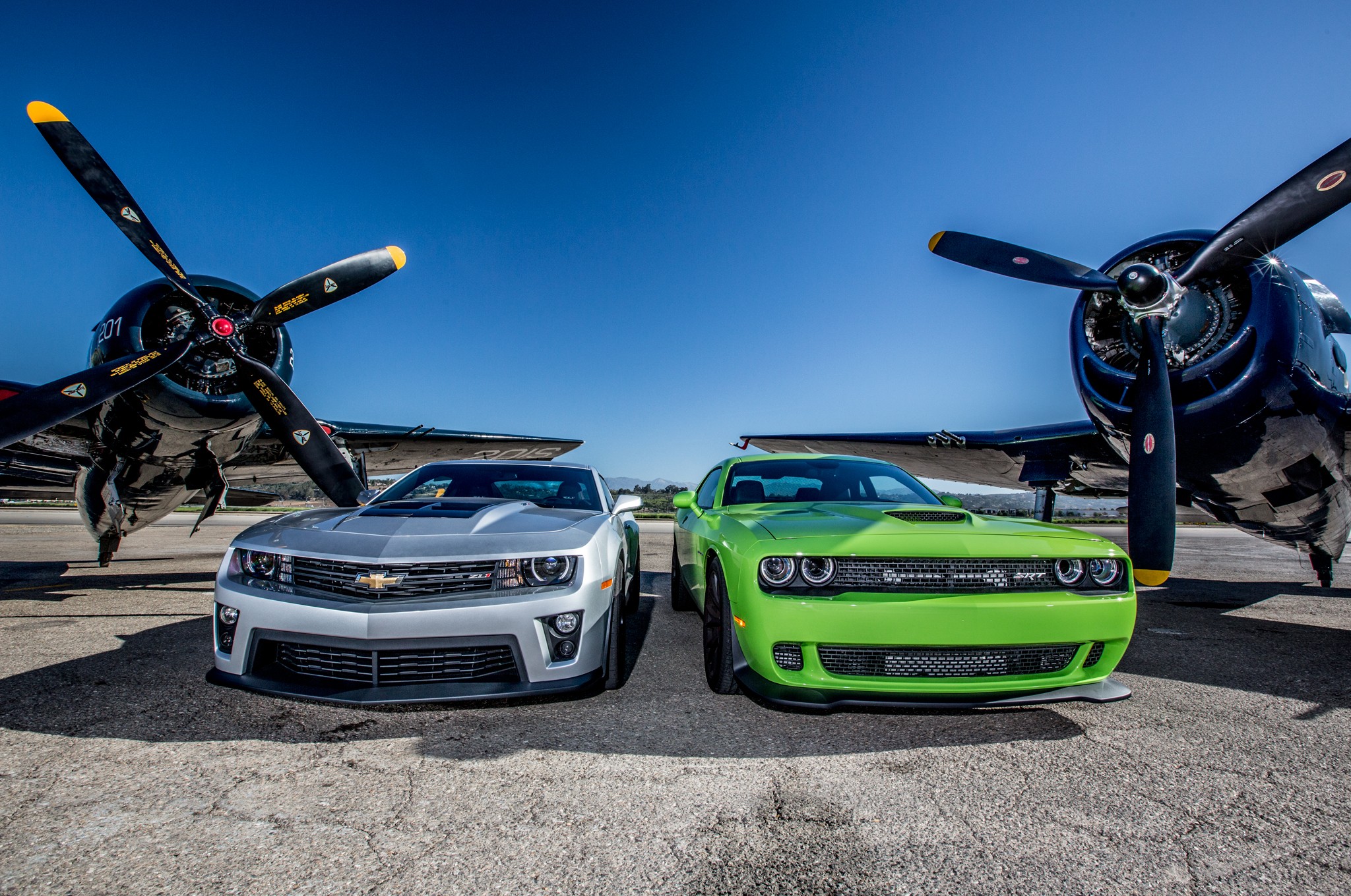 Car Aircraft Vehicle Green Cars Silver Cars Propeller Chevrolet Camaro Dodge Challenger 2048x1360