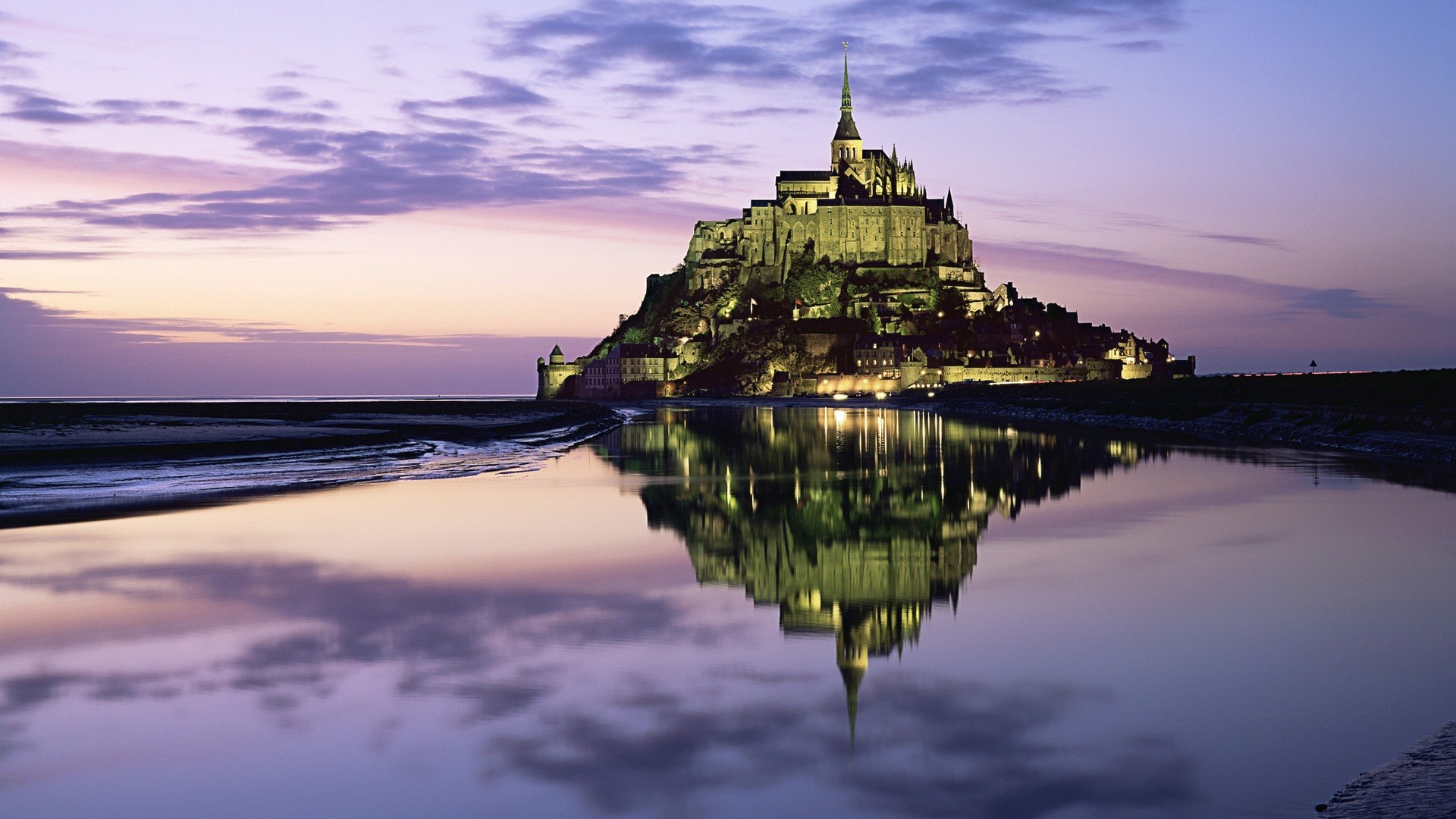 Mont Saint Michel Photography Reflection Abbey Purple Sky Island 1920x1080
