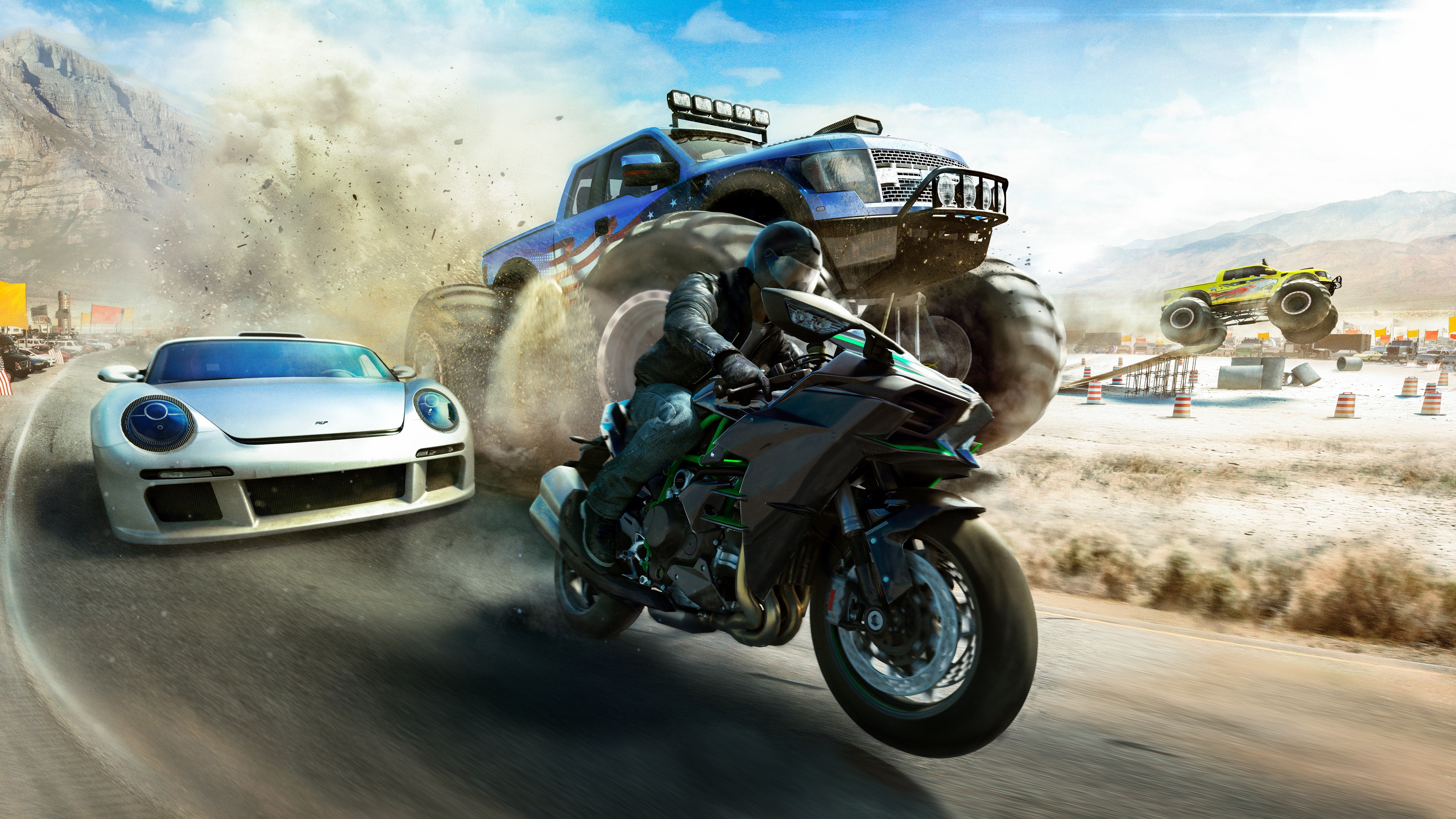 The Crew Wild Run Artwork Video Games Kawasaki Ninja H2R Ford Raptor 3840x2160