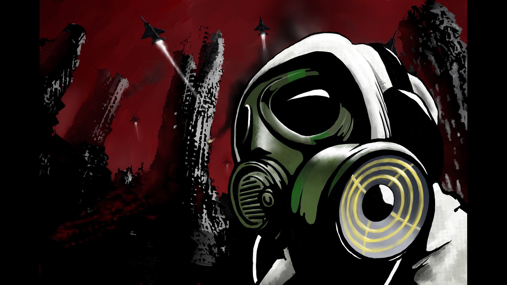 Vector Character Red Dirty Gas Masks Apocalyptic 1920x1080