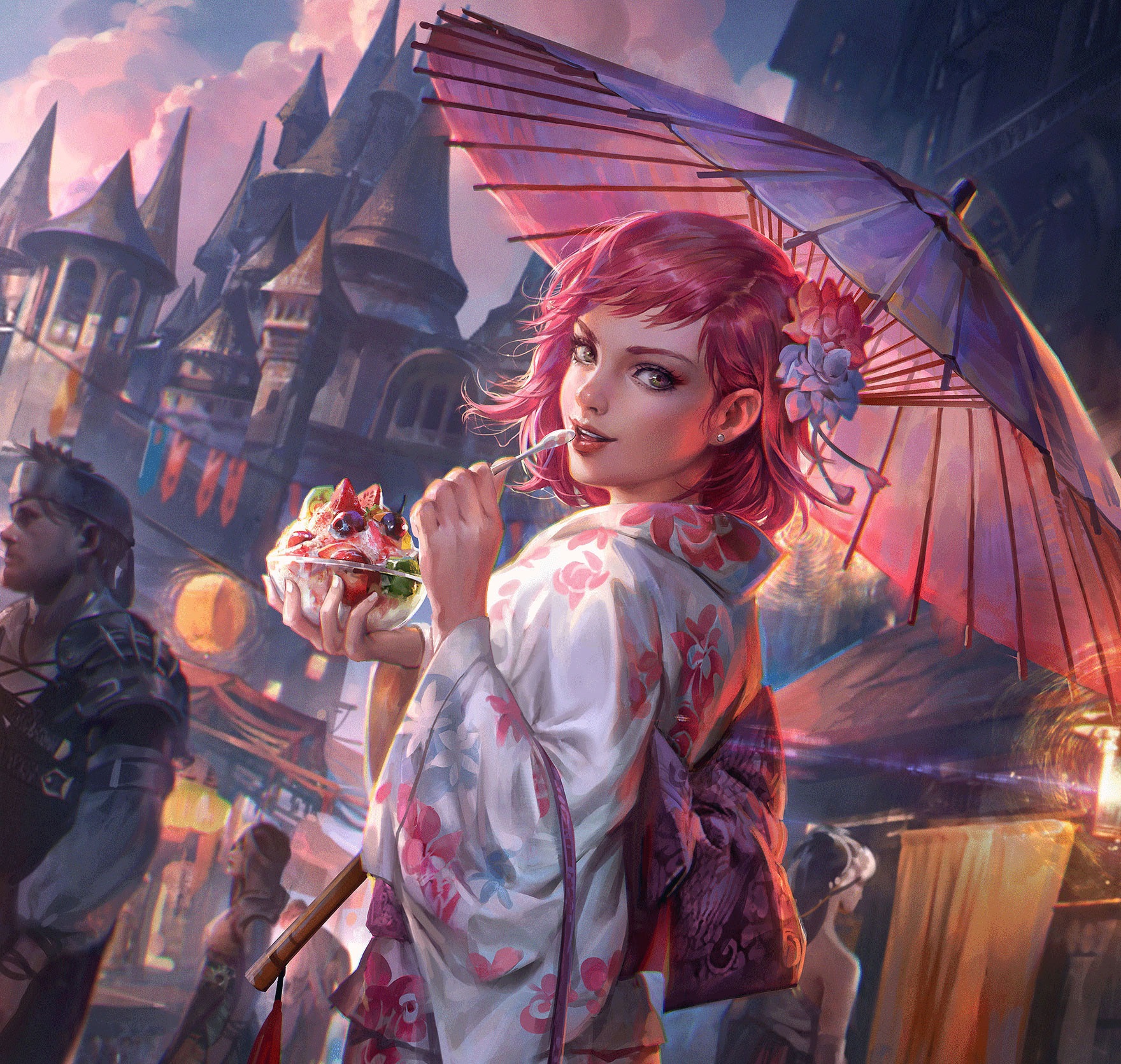 Digital Art Pink Hair Umbrella Fantasy Girl Illustration Fruit Food Castle Jeremy Chong Video Games 1760x1670