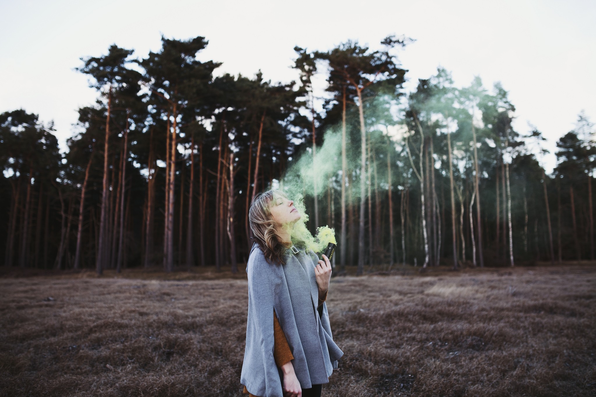 Women Brunette Colored Smoke Ponchos Closed Eyes Women Outdoors Trees 2048x1365