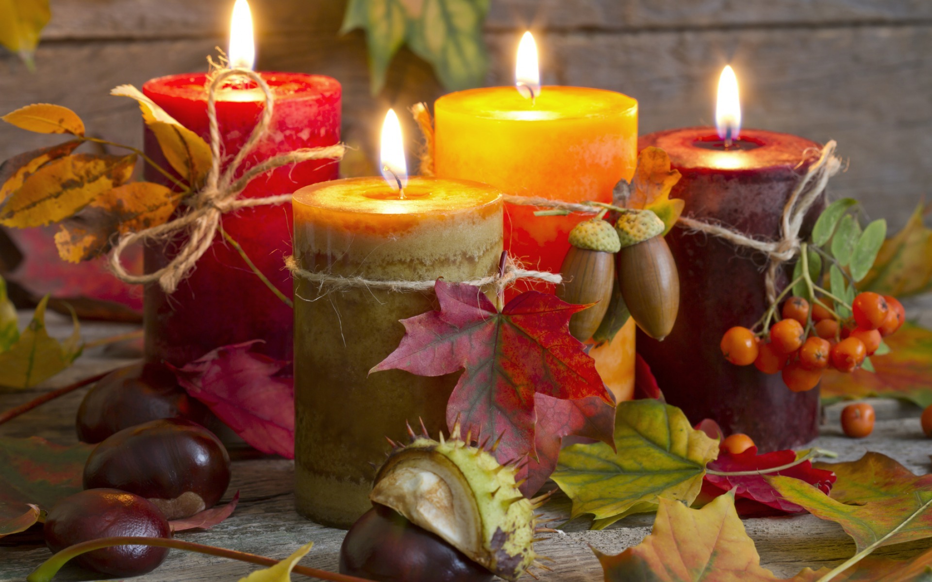 Still Life Candle Fall Colors Colorful Leaf Acorn Chestnut 1920x1200