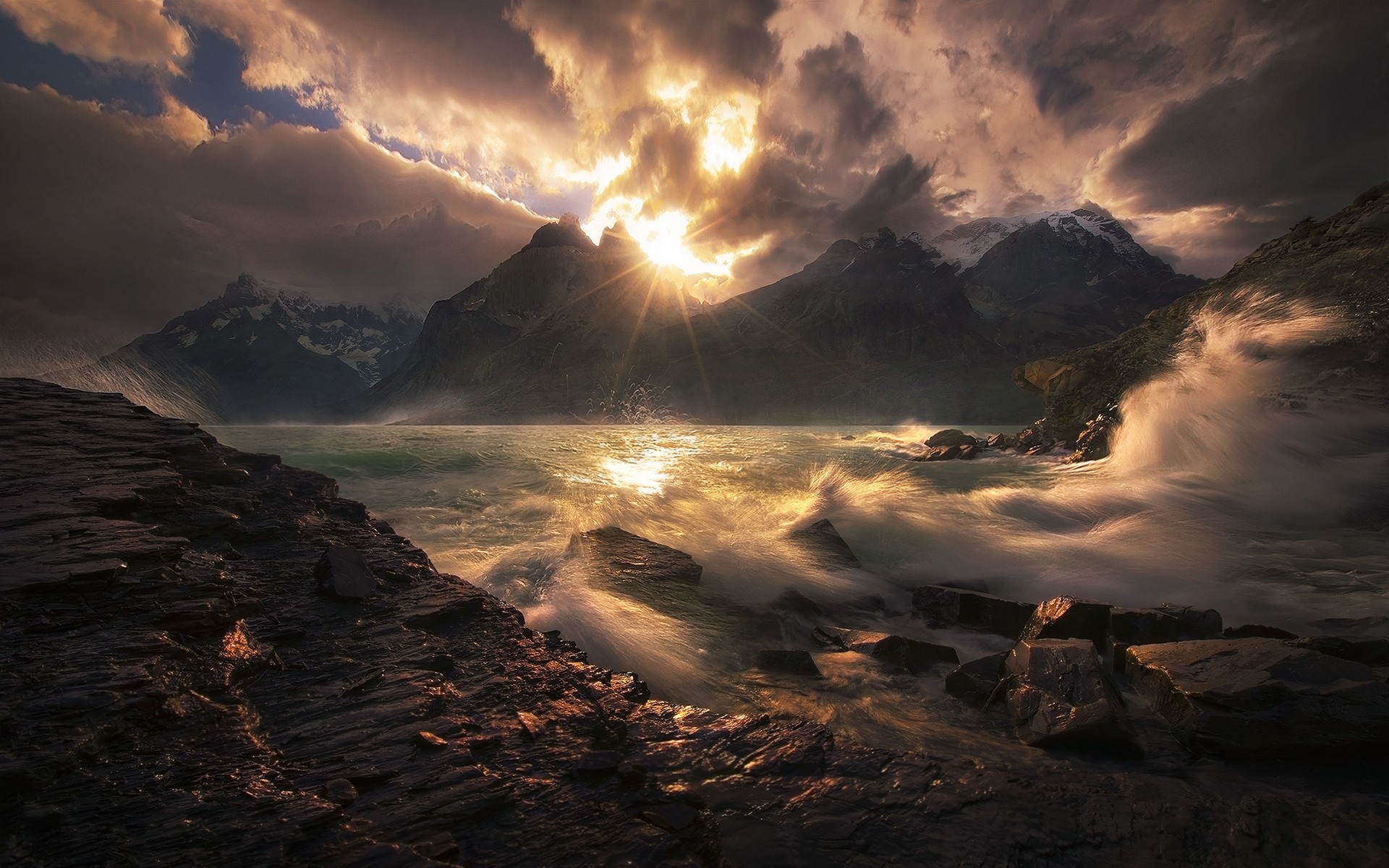 Landscape Nature Sunset Mountains Wind Lake Torres Del Paine Chile Sky Clouds Snowy Peak 1920x1200