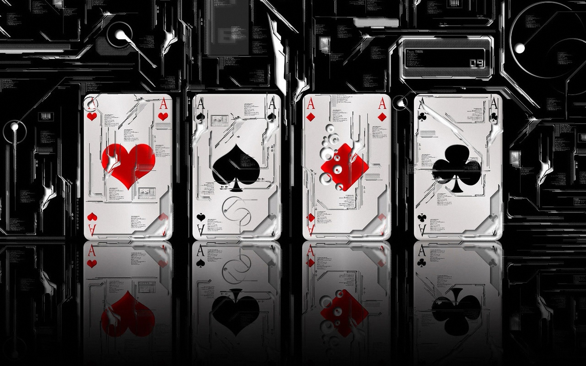 Playing Cards Heart Spades Diamonds Clubs Reflection 3D Digital Art Aces Hard Drives 1920x1200