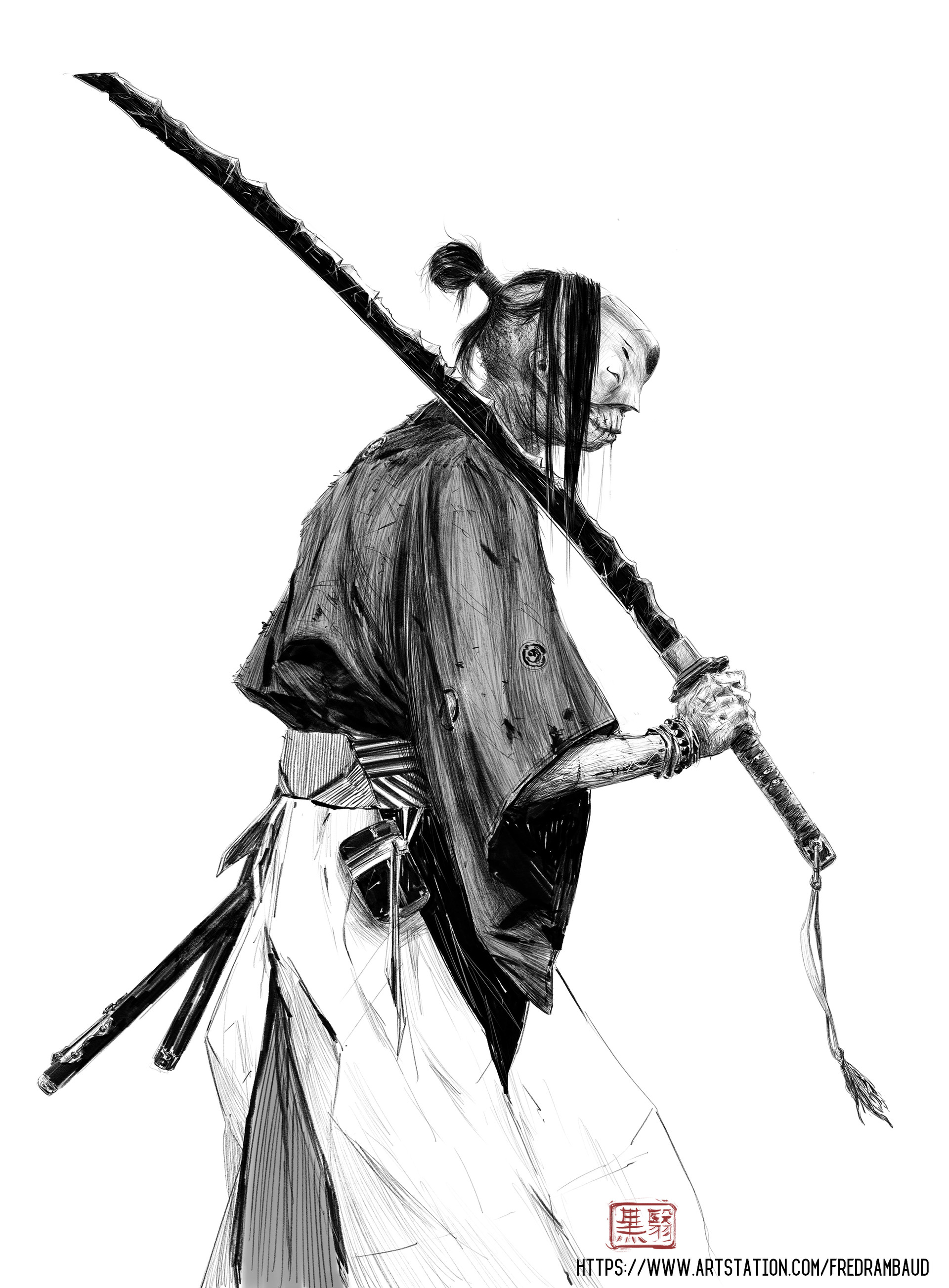 Artwork Simple Background Monochrome Sword Japanese Sword Samurai Zombies White Background Sketches 1920x2607