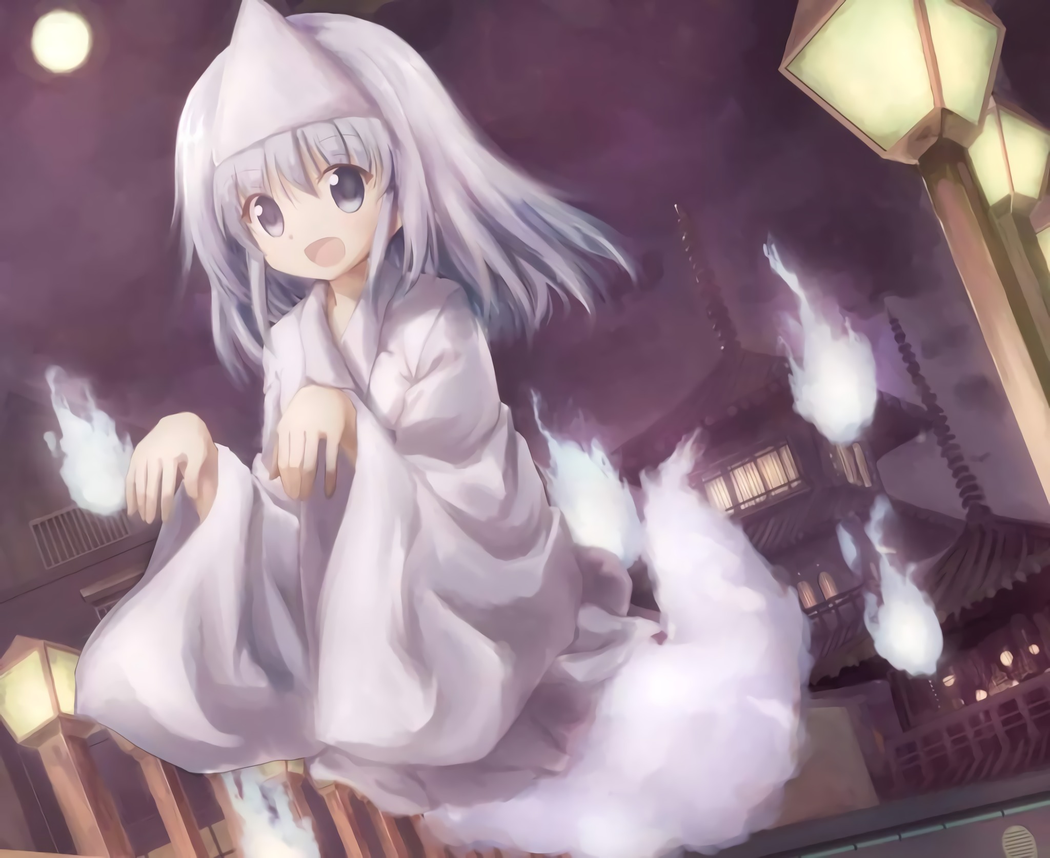Ghosts Monster Girl Anime Girls Anime Looking At Viewer Blue Eyes White Hair 2048x1672
