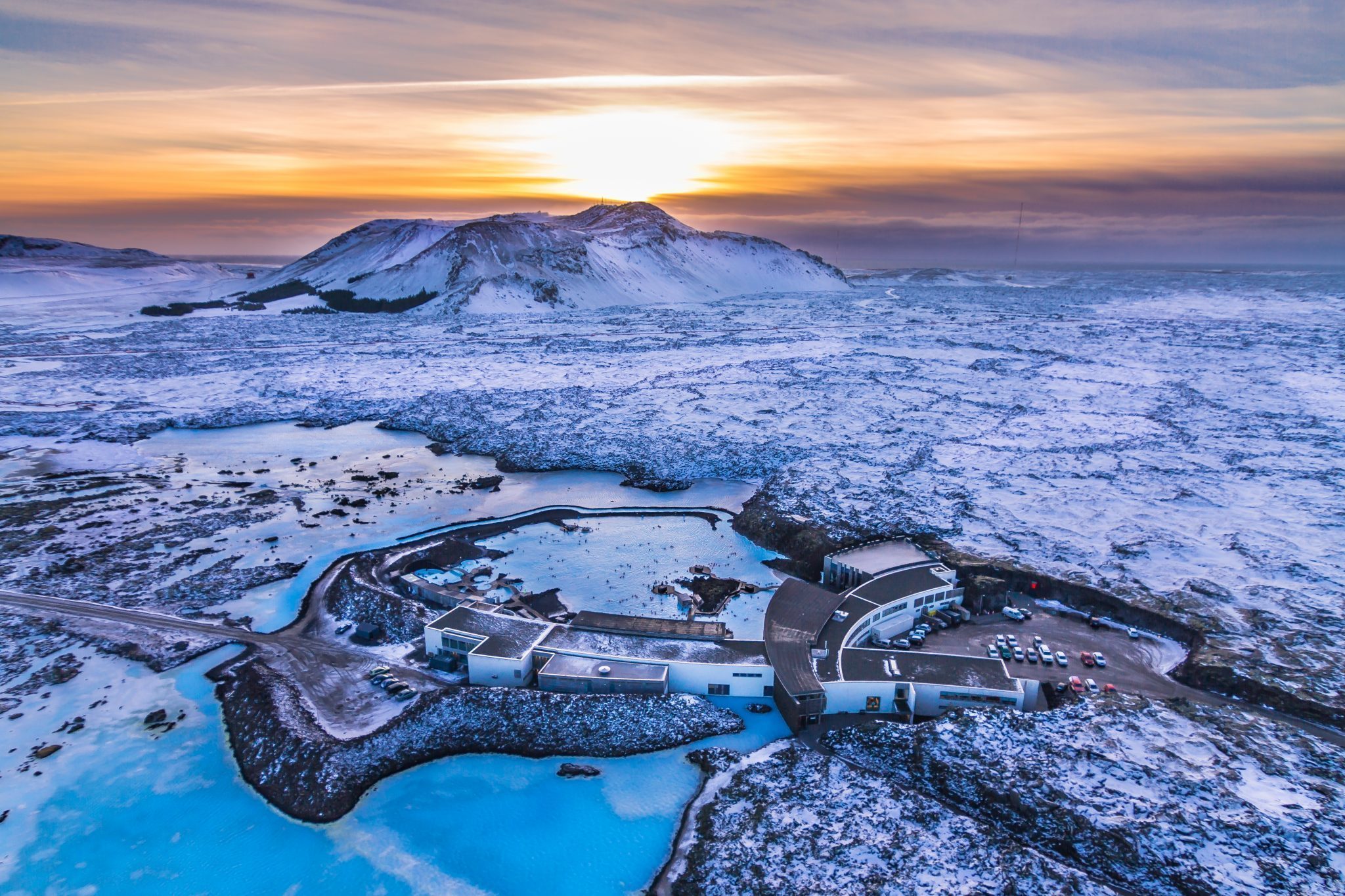 Nature Landscape Winter Snow Ice Iceland Sunset Lake Geysers Aerial View Tourism Mountains Blue 2048x1365