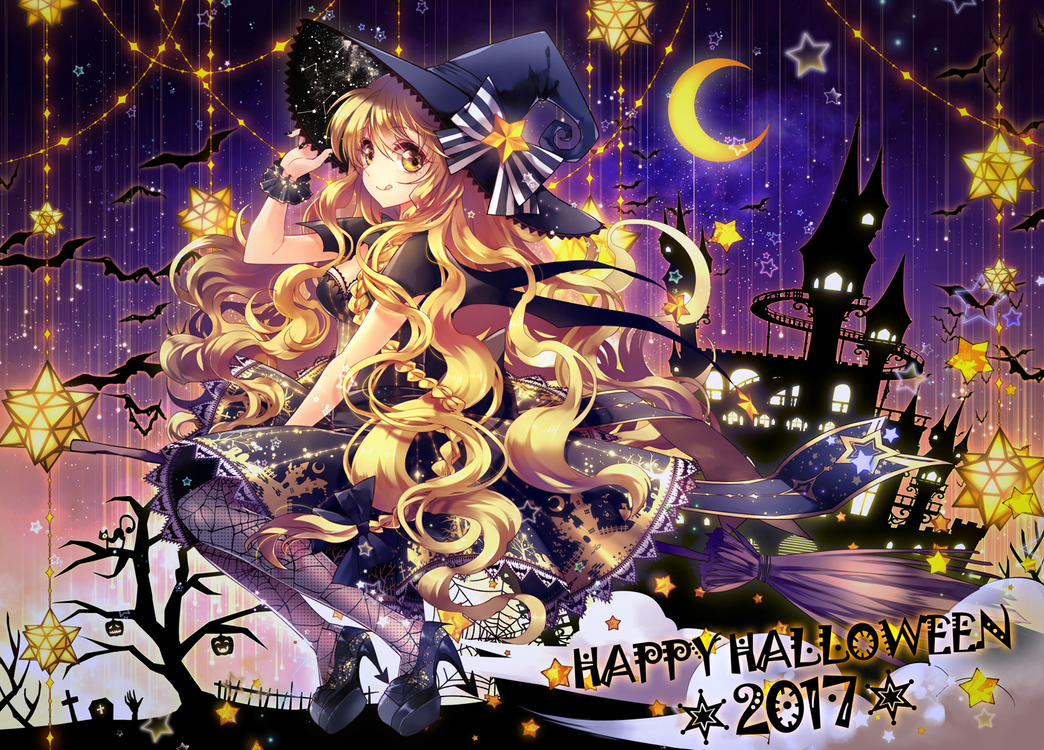 Halloween Witch Hat Hat Witch Night Animals Bats Blonde Hair Bows Braids Long Hair Moon Silhouette T 1500x1078