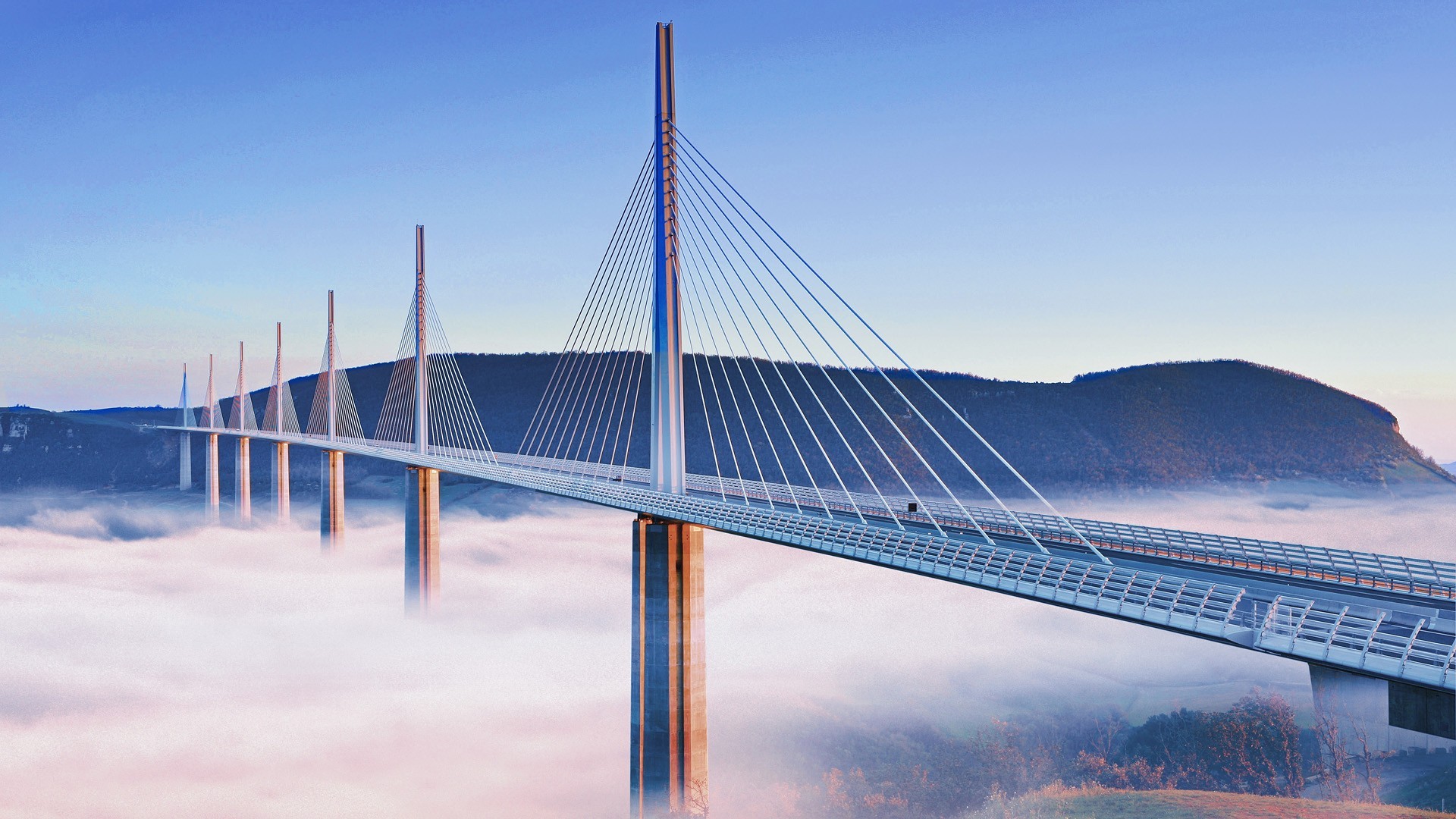 City Urban Bridge Millau Viaduct France Mist Mountains 1920x1080