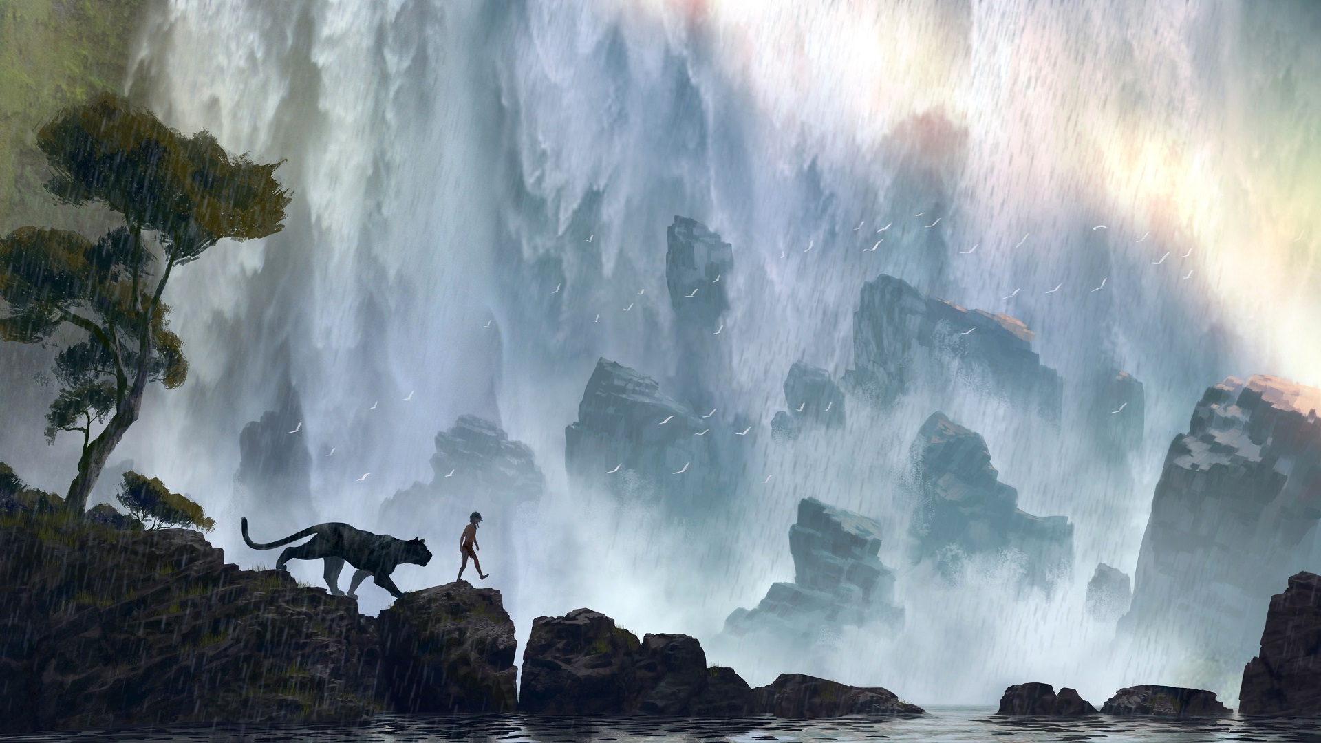 The Jungle Book Movies Artwork Waterfall Animals Big Cats Children 1920x1080