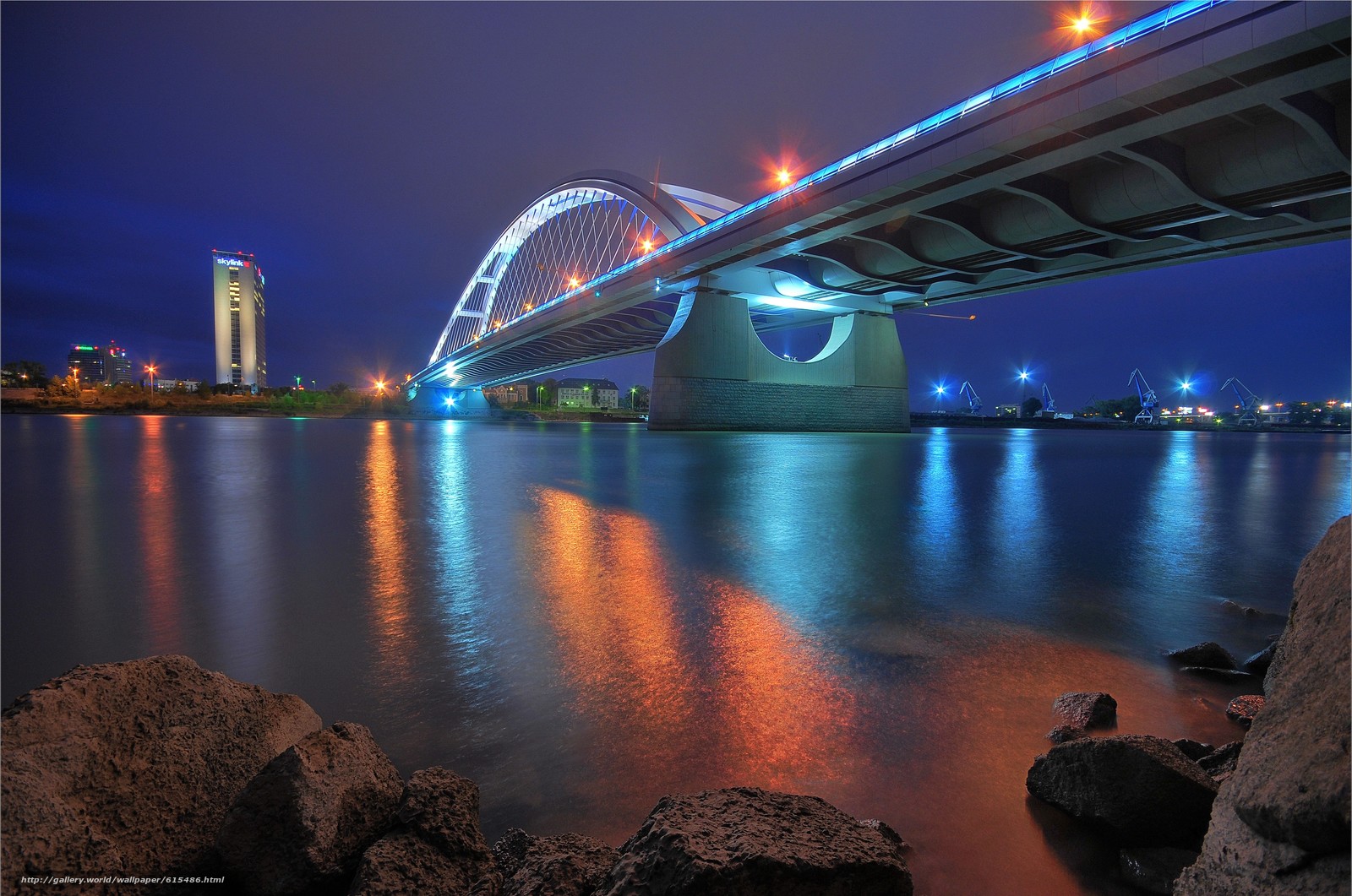 Architecture Bratislava Slovakia Bridge Night Lights Stones River Donau Neon Long Exposure Reflectio 1600x1061