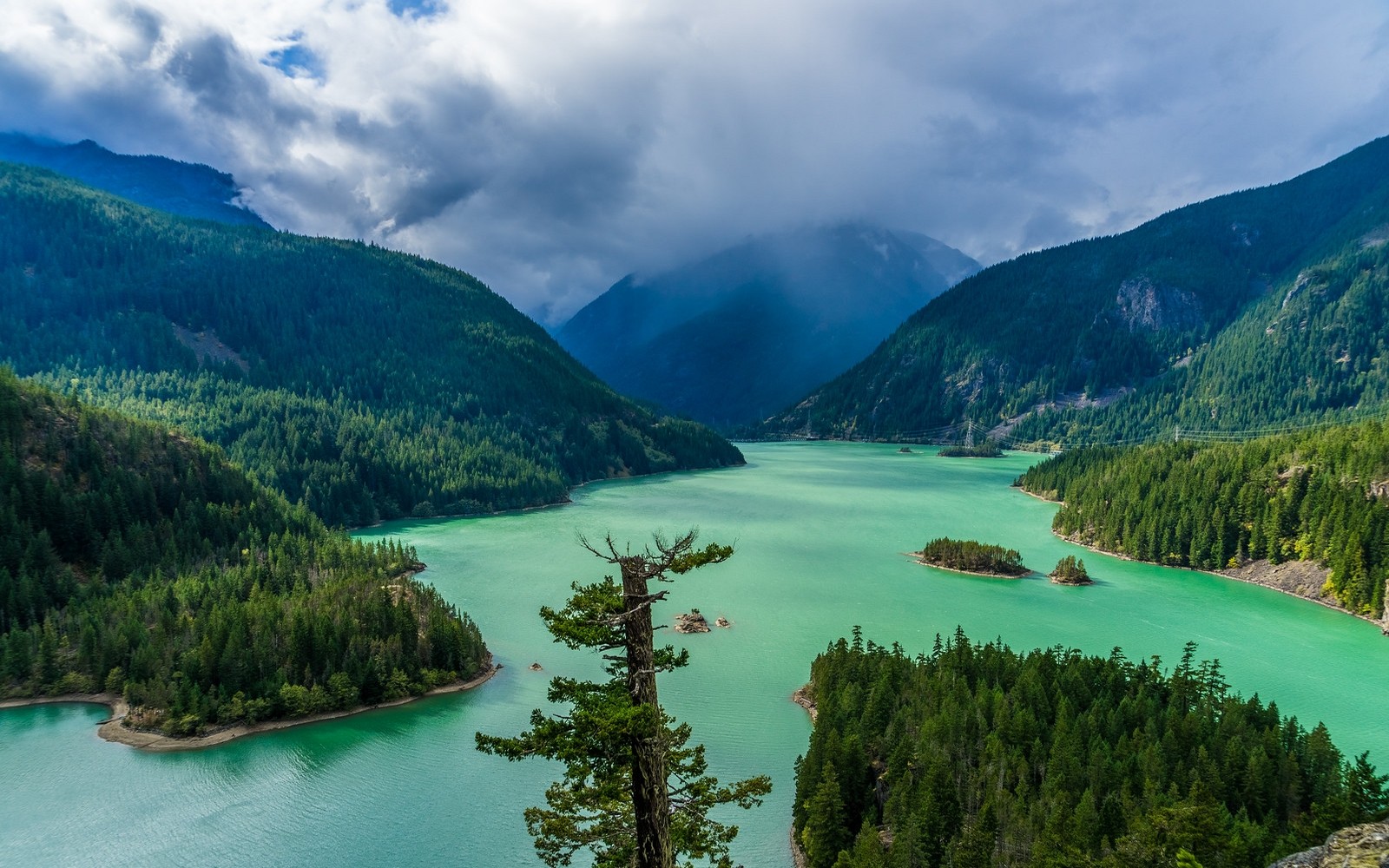 Landscape Nature Green Lake Mountains Forest Clouds Spring Washington State 1600x1000