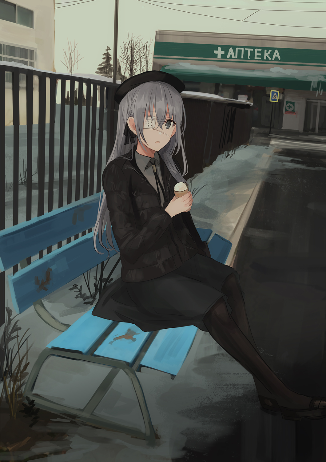 Chihuri 45 Gray Hair Eye Patch Winter Looking At Viewer Window Grass Anime Anime Girls Russia Ice Cr 1060x1500