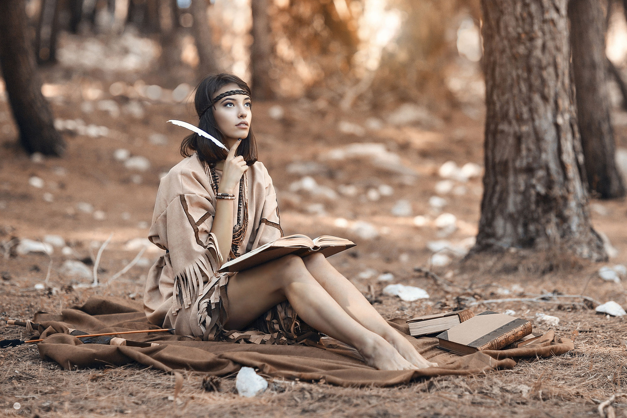 Alessandro Di Cicco Dark Hair Hairband Native American Clothing Feathers Books Writing Pencils Natur 2000x1334