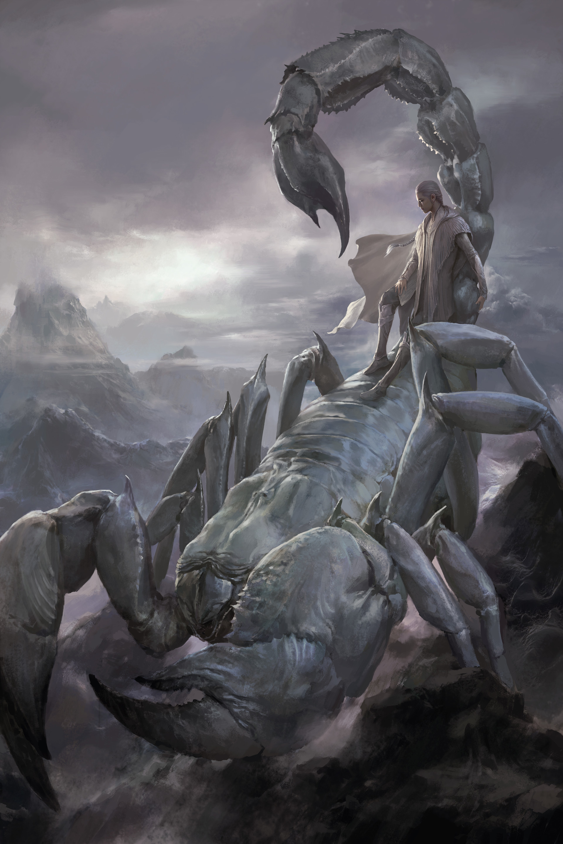 Xiaodi Jin Concept Art Scorpions Men Mountains Mist Rocks 1920x2879