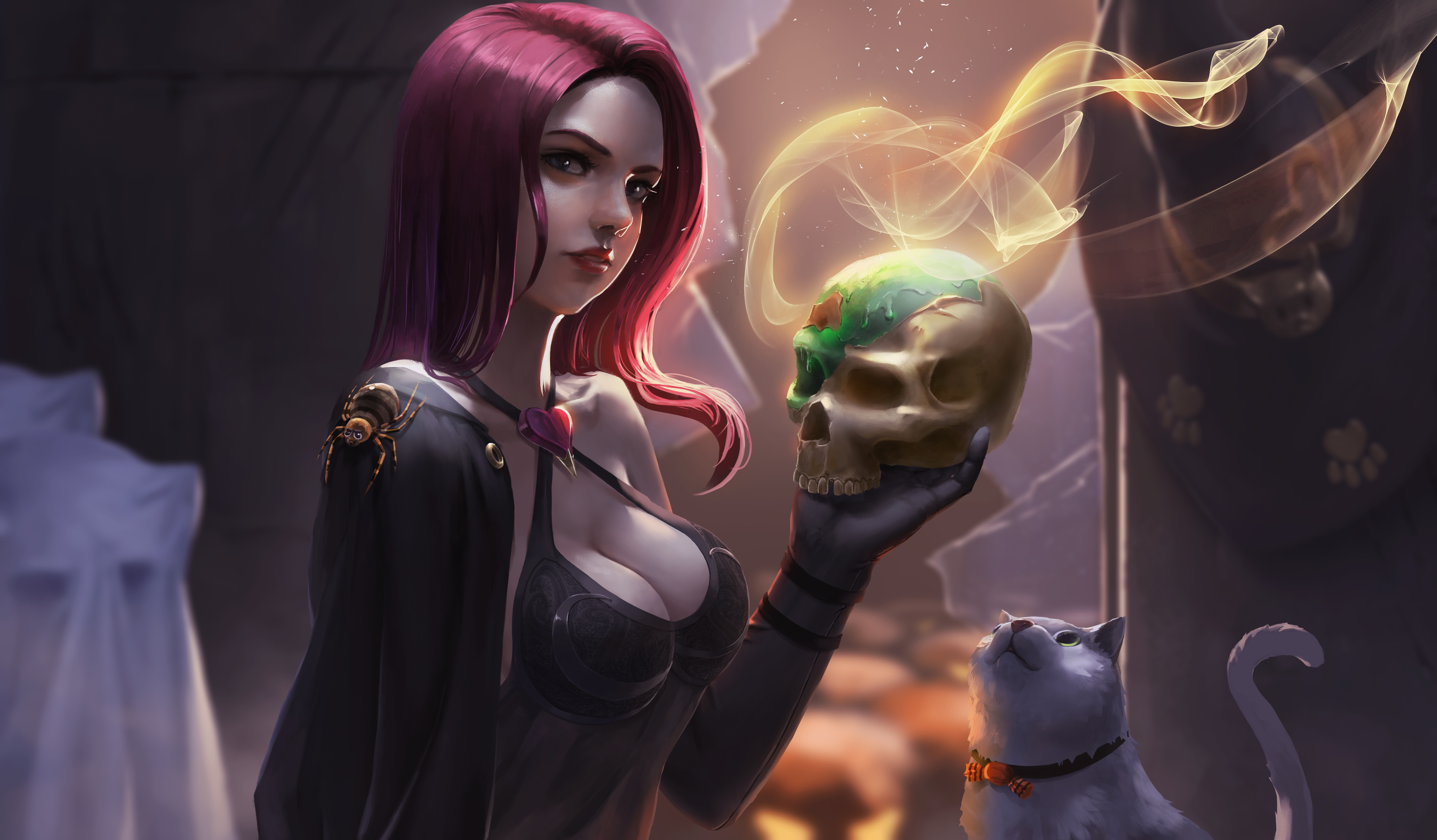 Women Fantasy Girl Witch Witch Hat Fantasy Art Redhead Looking At Viewer Portrait Magic Skull Dress  6000x3508