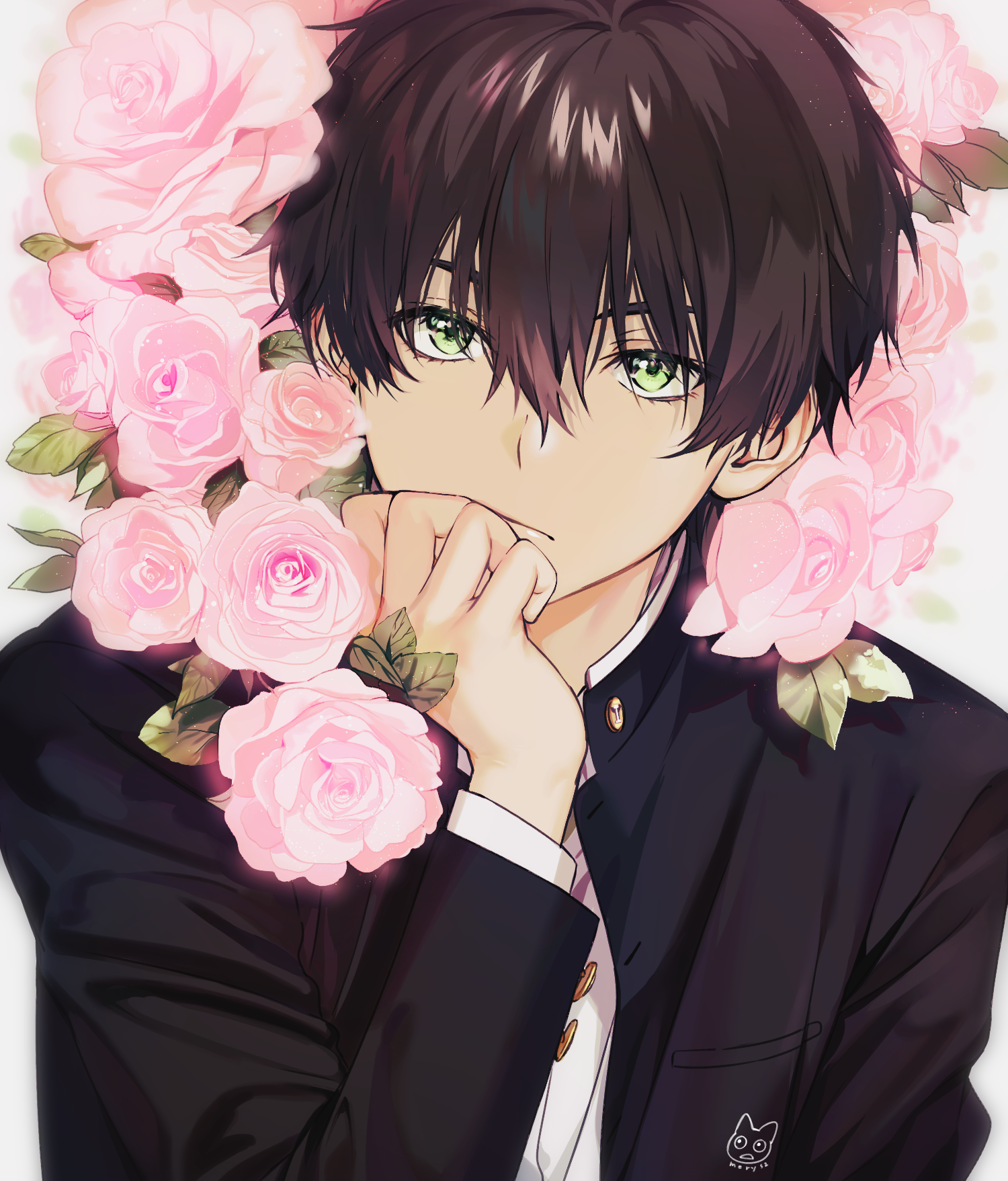 Hyouka Anime Girls Anime Boys 2D Short Hair Pink Roses Looking At Viewer Oreki Houtarou Brunette Gre 1500x1757