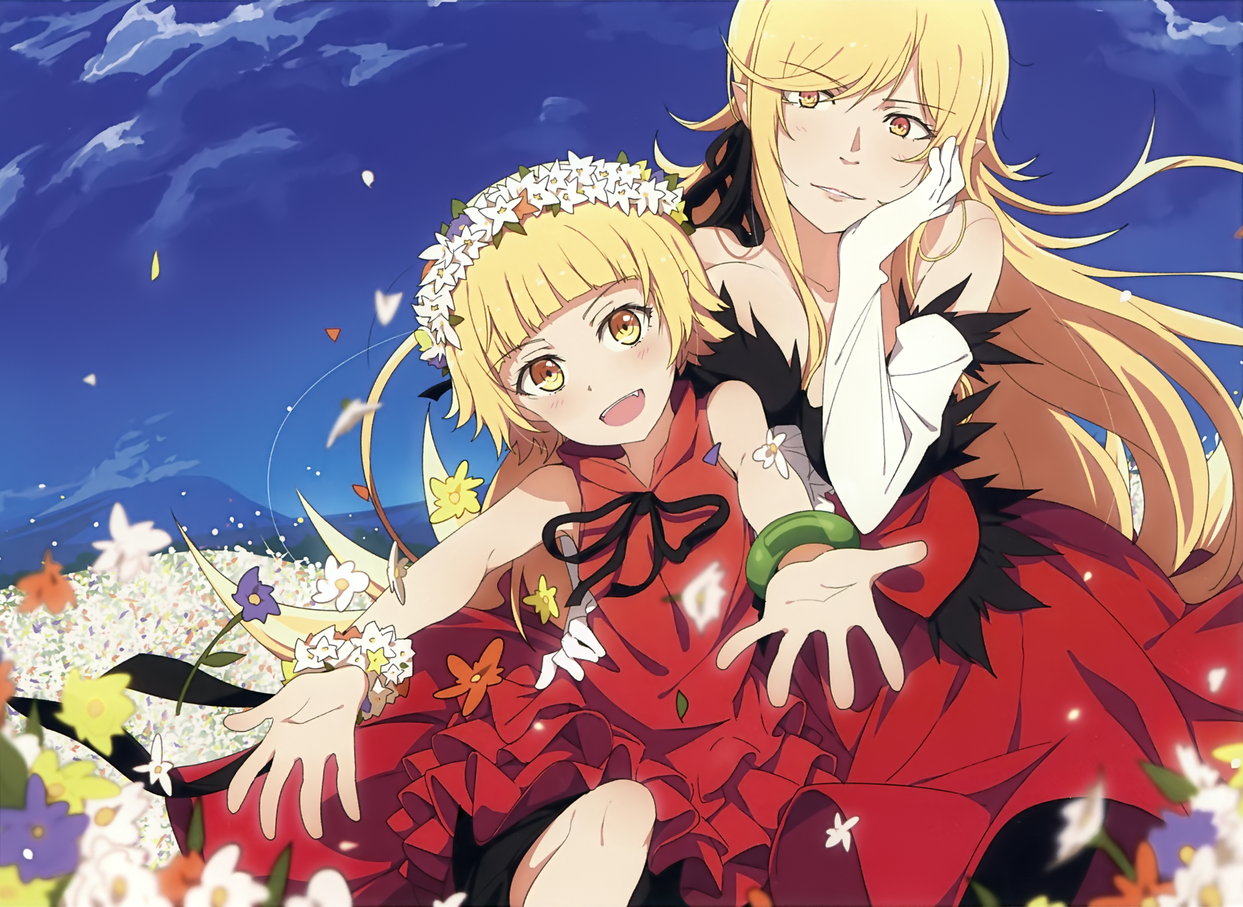 Monogatari Series Anime Girls Oshino Shinobu 2D Red Dress Flowers Flower Crown Blond Hair Long Hair  2462x1796