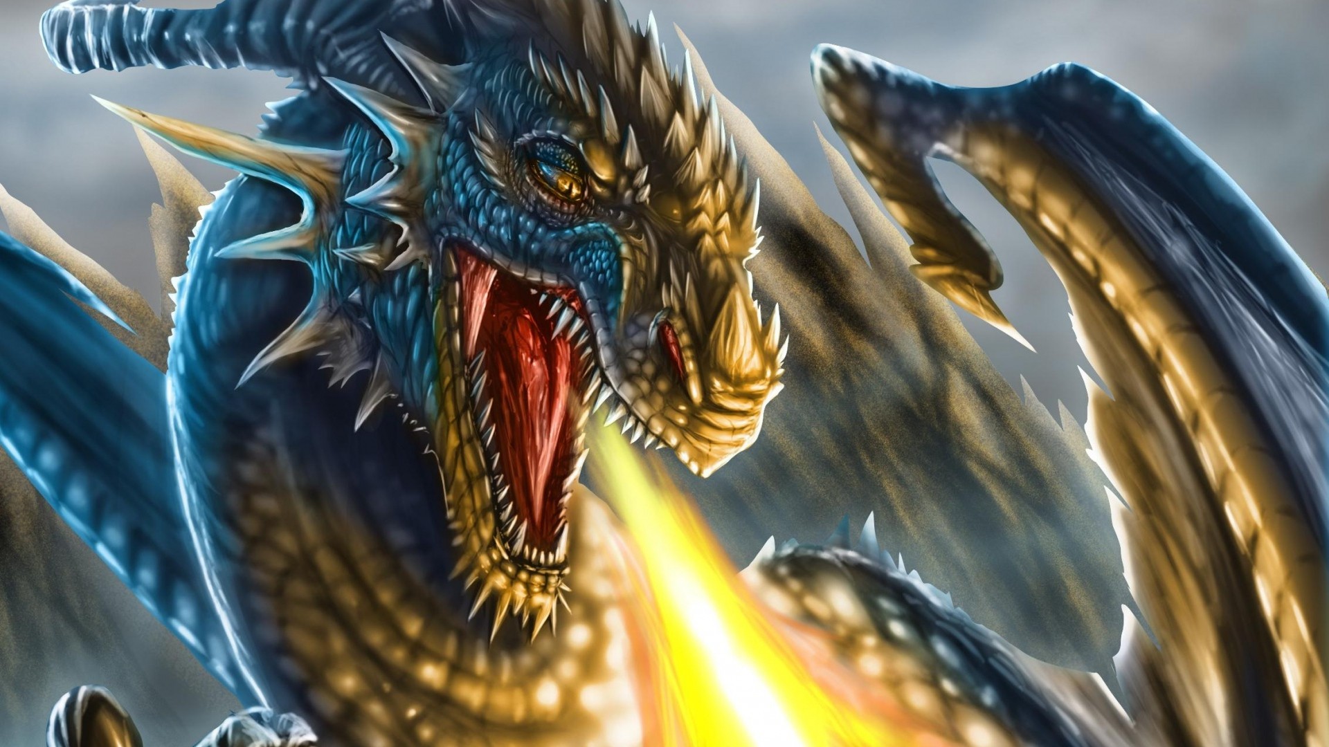 Fantasy Art Dragon Face Head Fire Teeth Scales Wings Dragon Wings 1920x1080