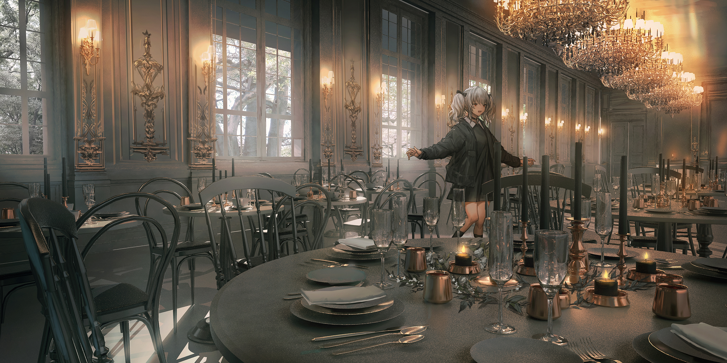 Anime Anime Girls Ponytail Chandeliers Candles Chair Spoons Fork LM7 2500x1250