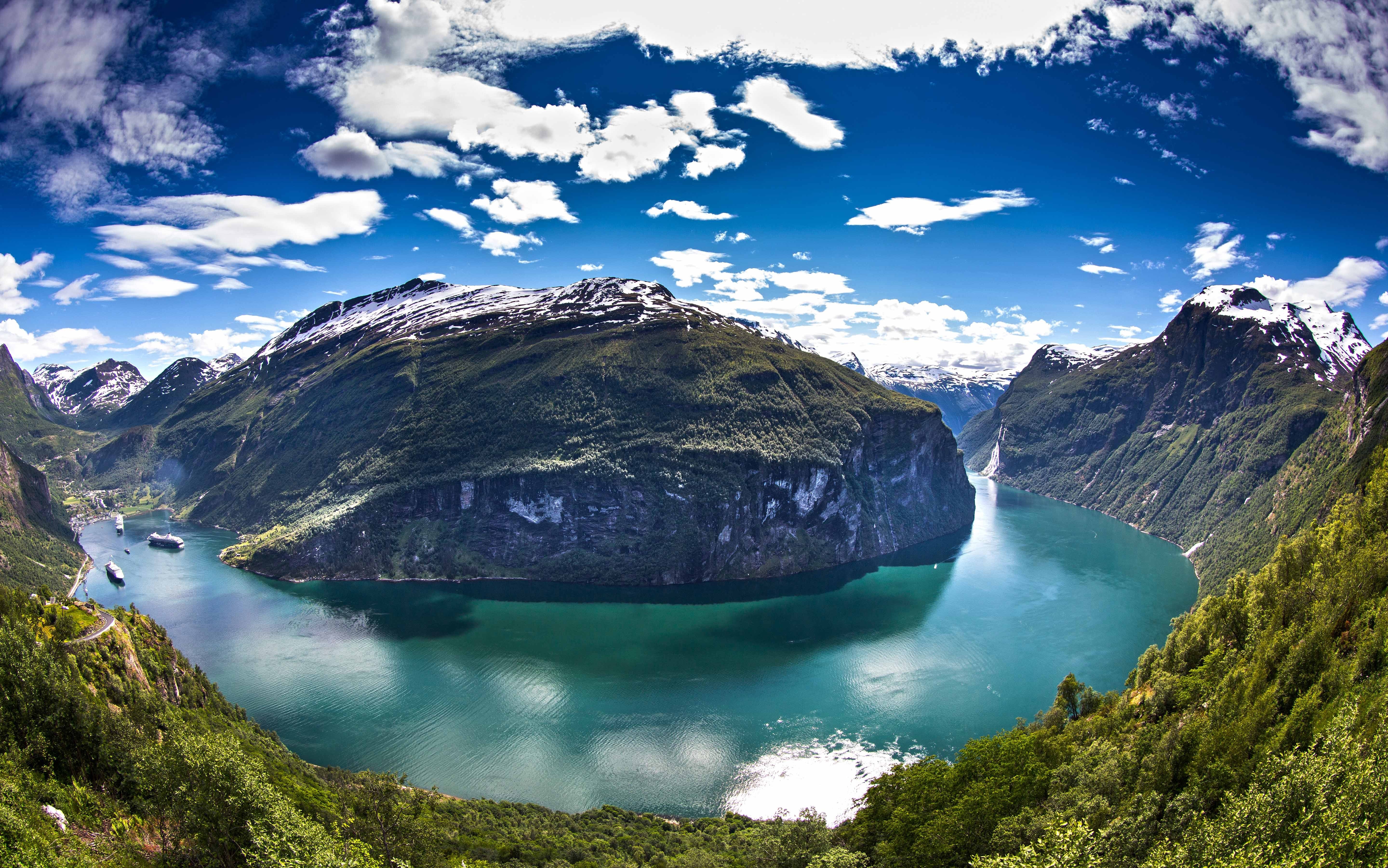 Panoramas Norway Geiranger Fjord Cruise Ship Mountains Forest Snowy Peak Clouds Water Green Blue Whi 5760x3605