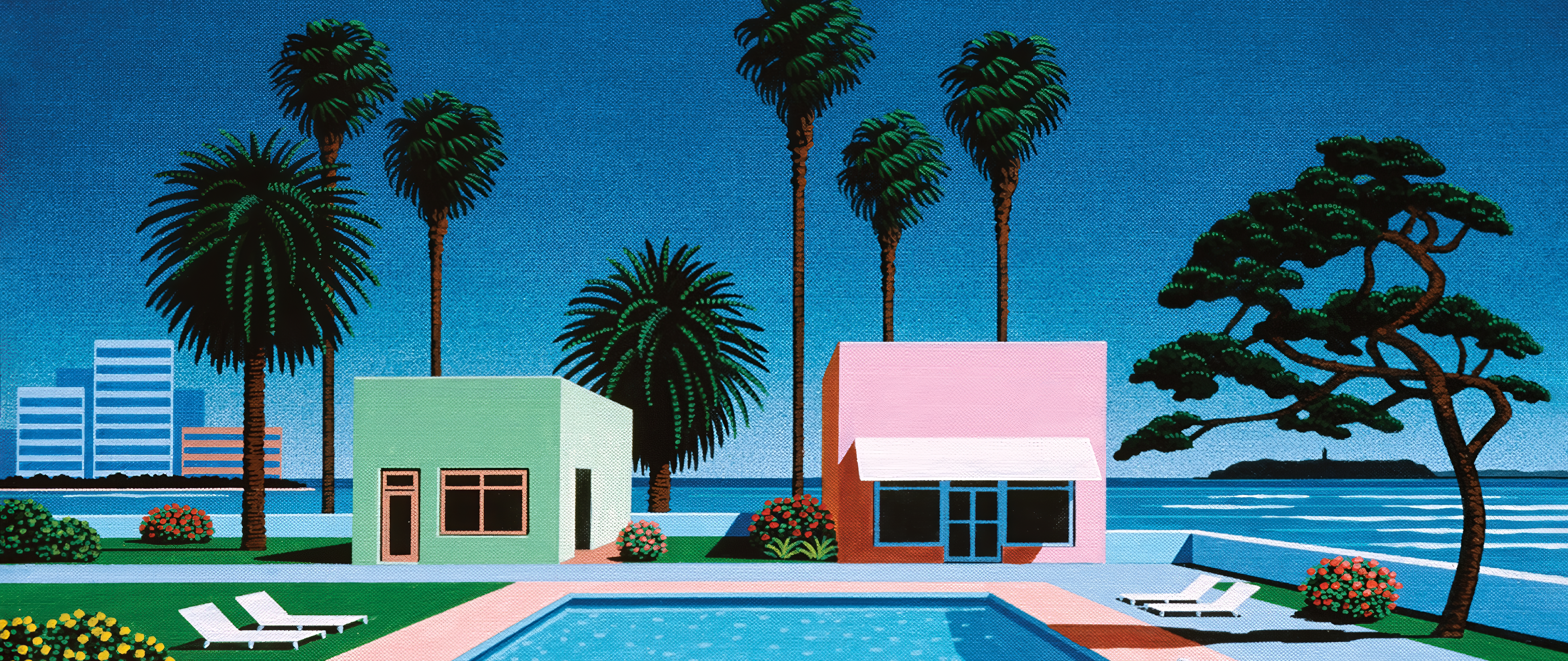 Green Pink Blue Palm Trees House Swimming Pool Trees Artwork Hiroshi Nagai 5120x2160
