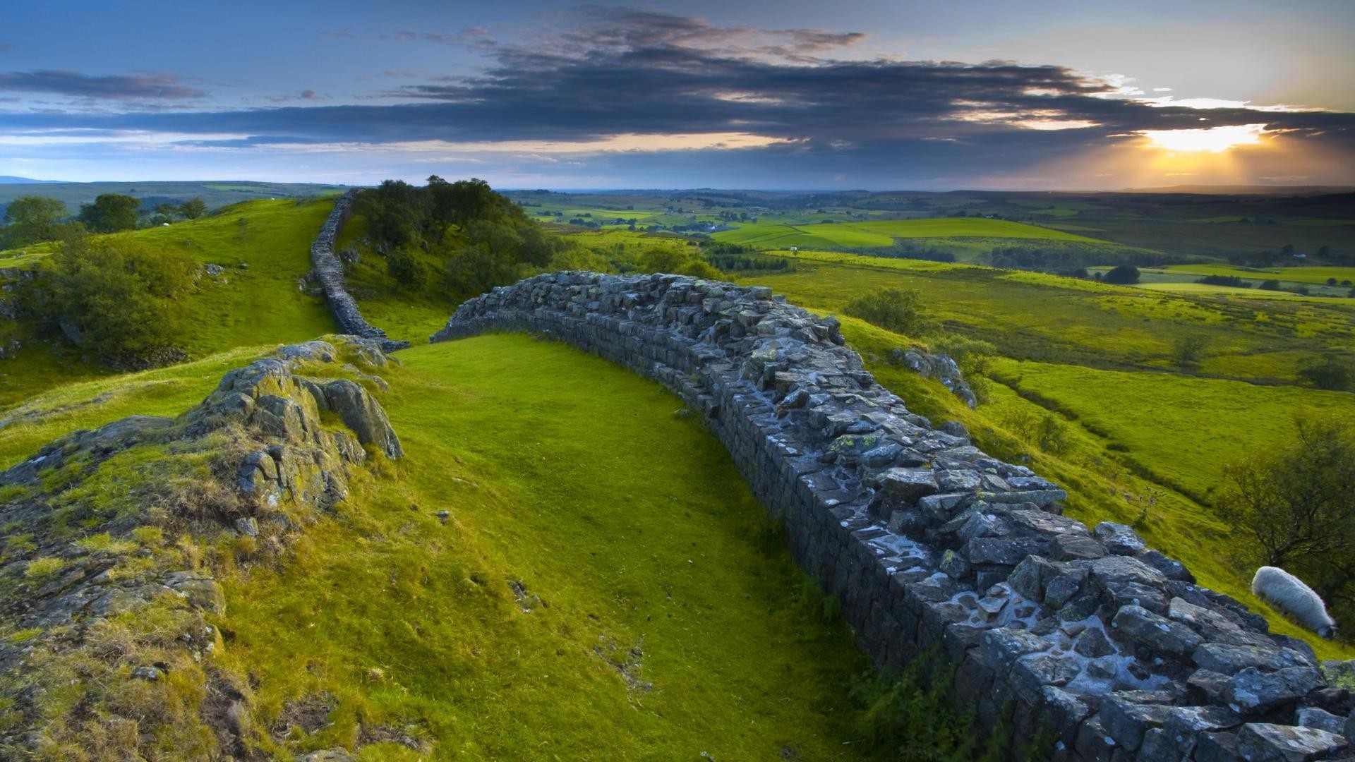 Nature Landscape England UK Hills Sky Clouds Trees Stones Roman History Grass Field Animals Sheep Su 1920x1080