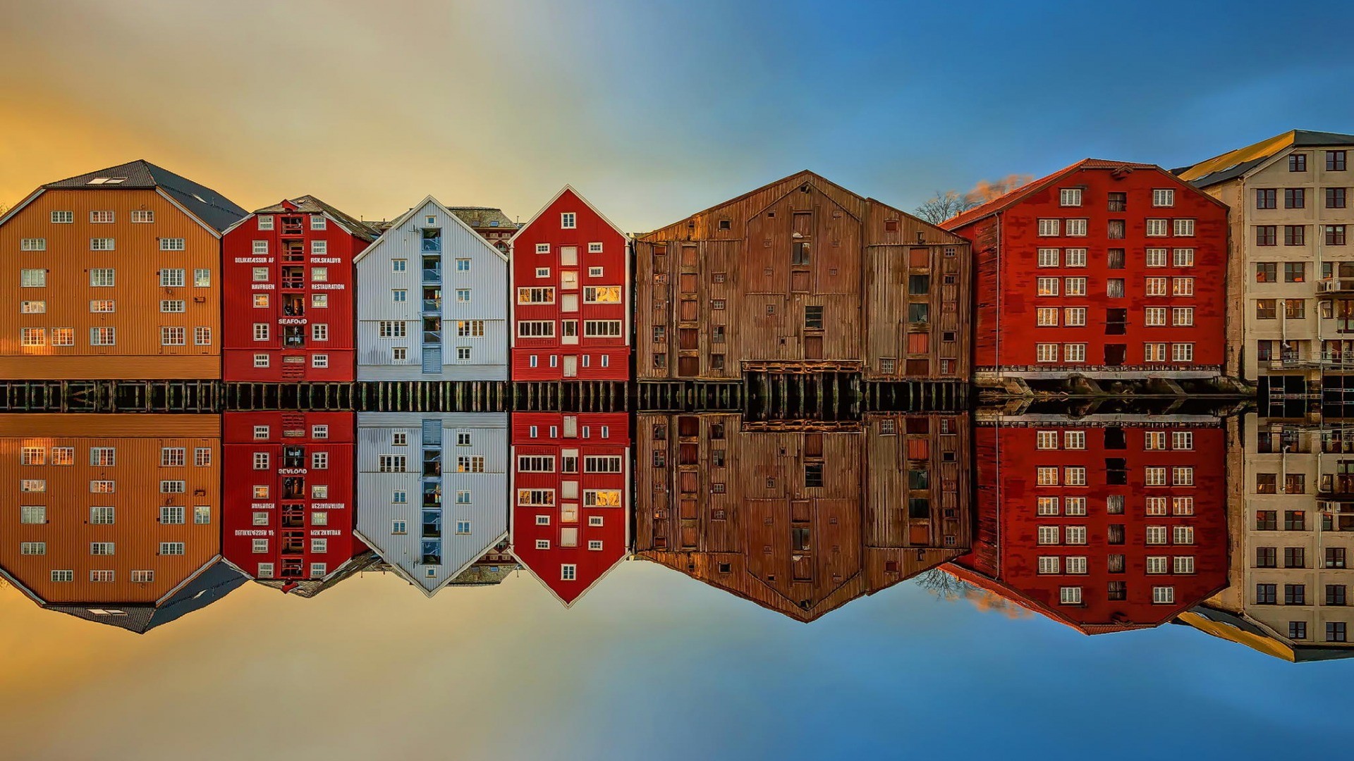 Reflection Building Trondheim River 1920x1080