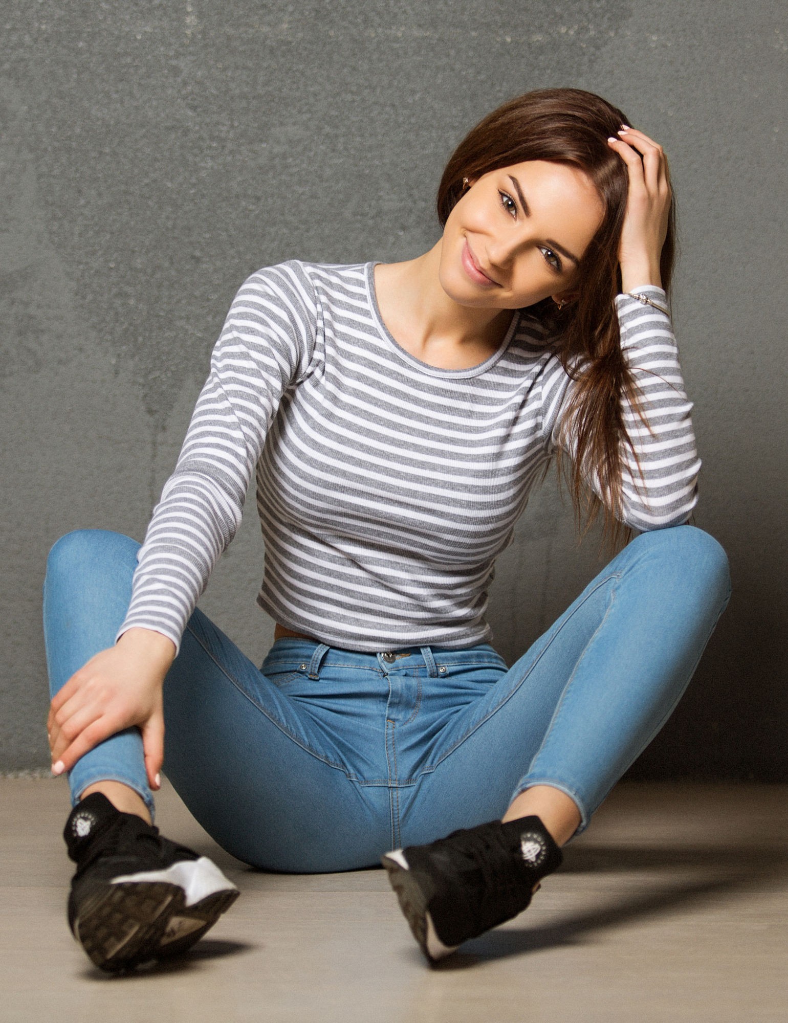 Women Brunette Model Jeans Striped Hands On Head Sitting 1540x2000