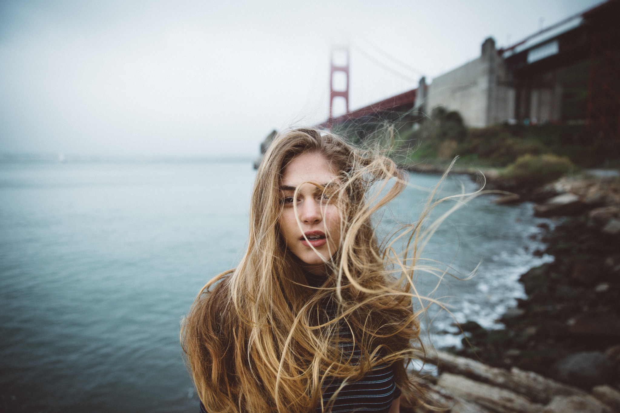Women Blonde Open Mouth Face Portrait Windy San Francisco Bay Golden Gate Bridge Sam Elkins 2048x1365