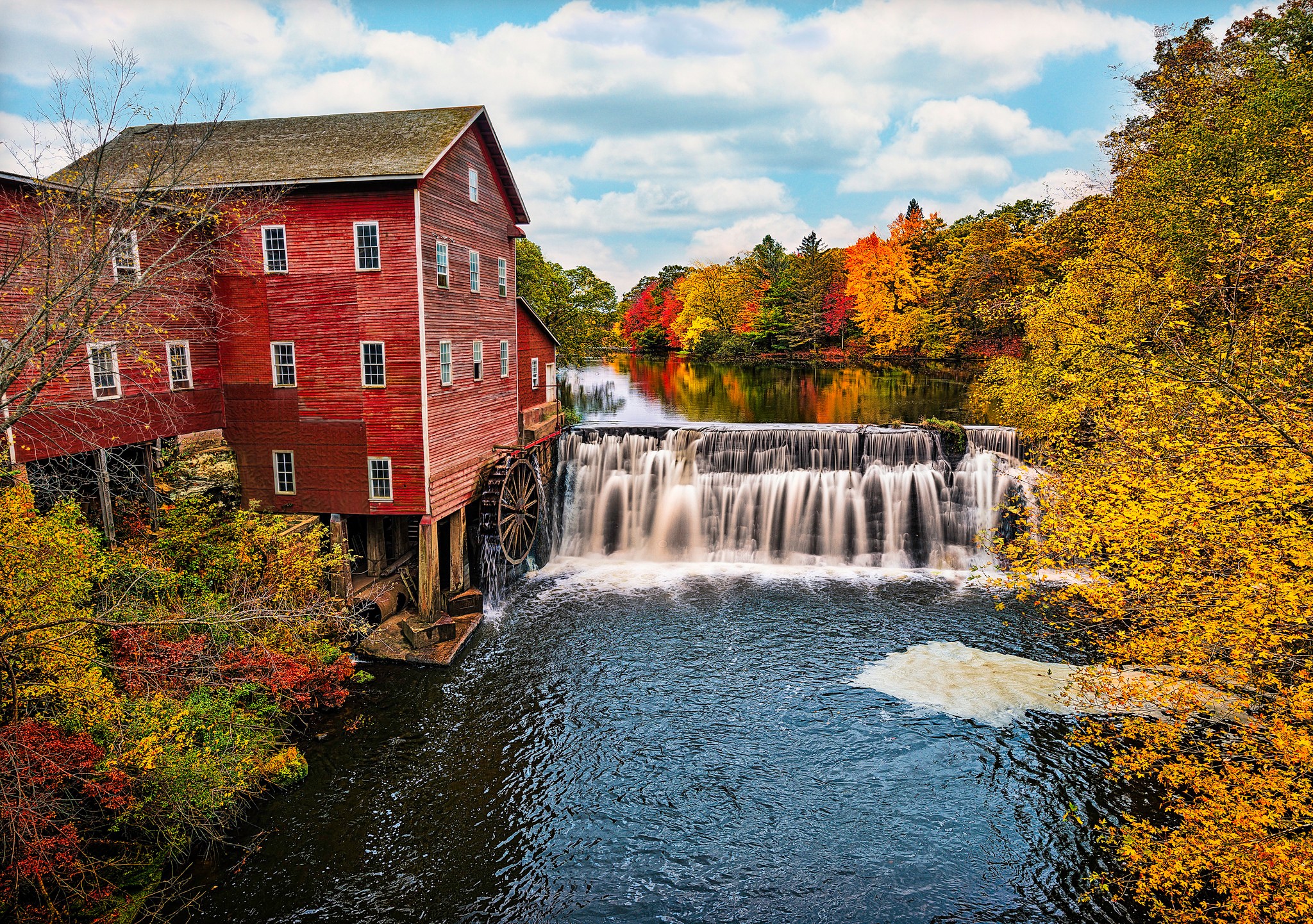 Watermills River Waterfall Red Leaves Trees Without People 2048x1442
