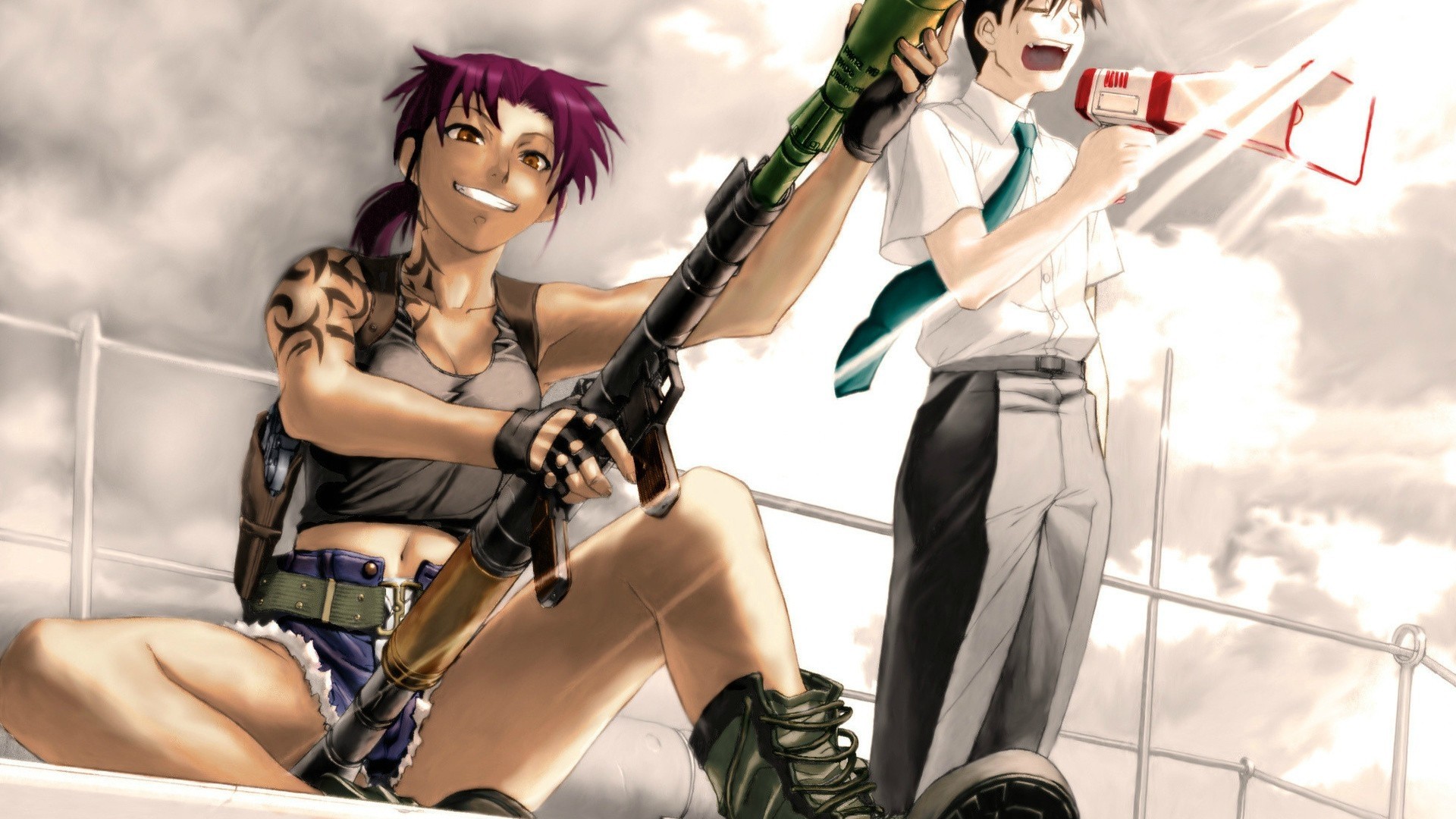 Black Lagoon Revy Anime Girls Anime Anime Boys Rocket Launchers Pants Tie Weapon Tattoo Smiling 1920x1080