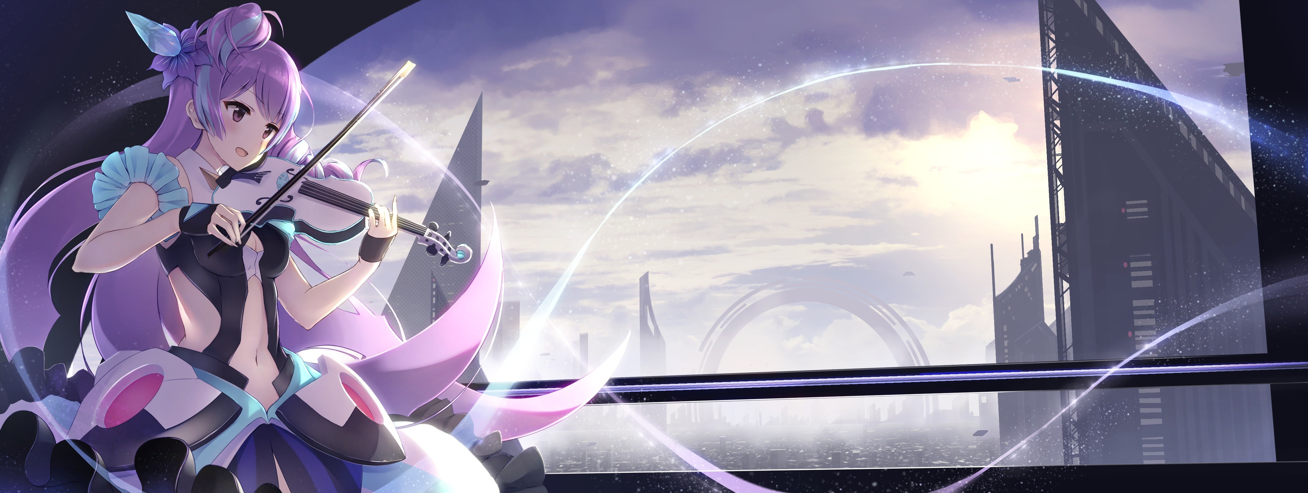 Building Musical Instrument Macross Macross Delta Mikumo Guynemer Violin Sky Clouds Aqua Eyes Aqua H 4313x1626