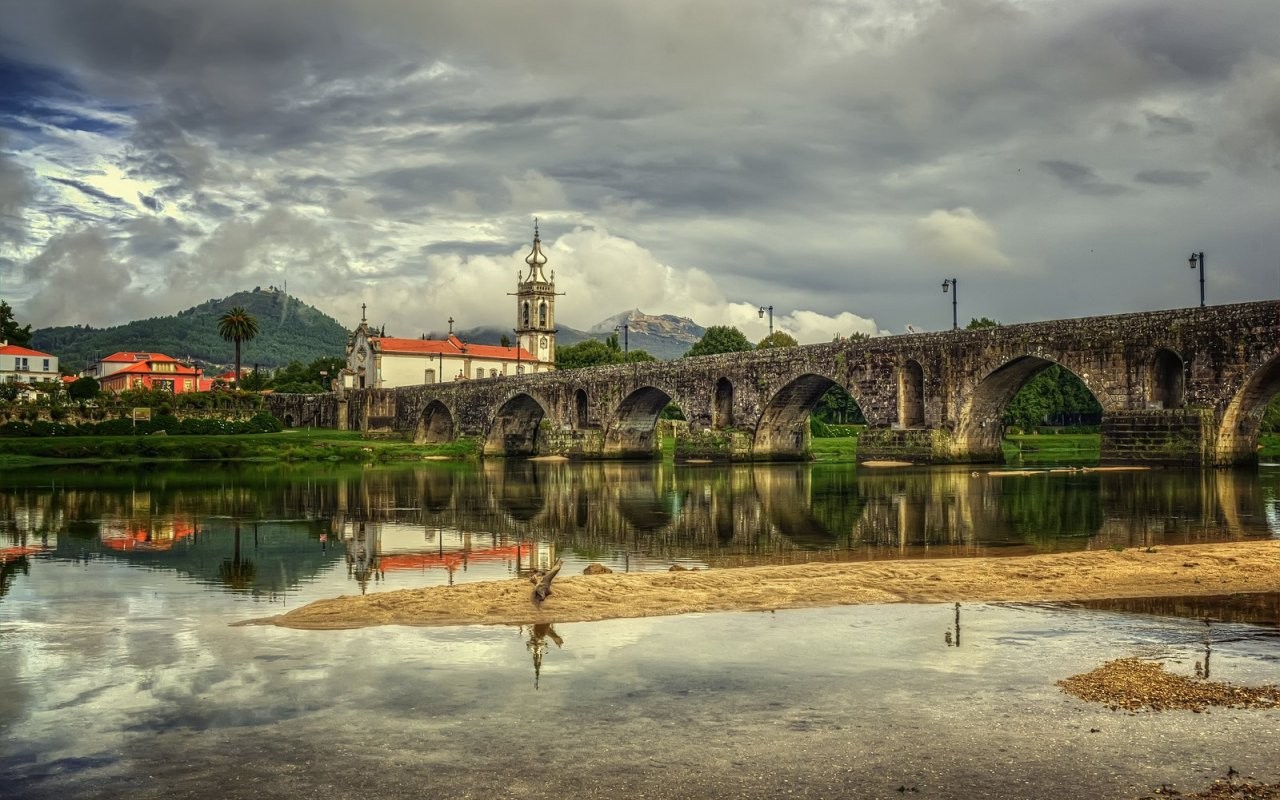 Landscape Bridge Arch Bridge River Church Hills Town 1280x800