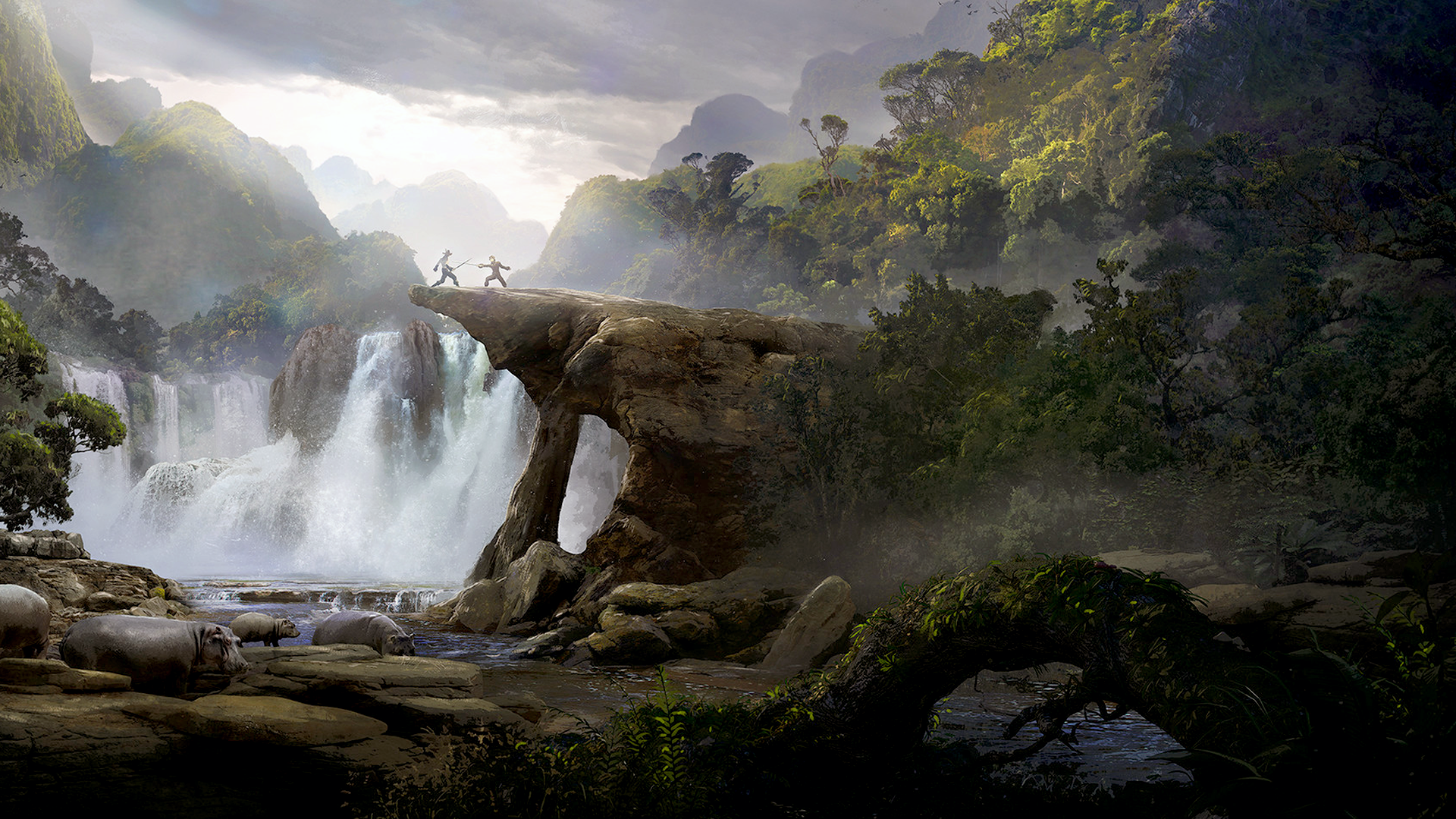 Guillem H Pongiluppi Artwork Digital Art Duel Battle Sword Landscape Hippos Waterfall Forest Trees C 1920x1080