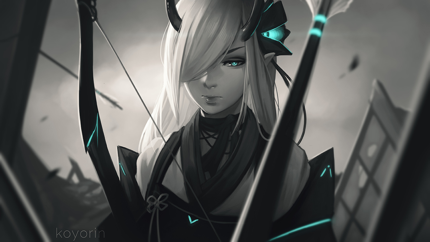 White Hair Aqua Eyes Bow Horns Koyorin Long Hair Pointed Ears Polychrome Weapon 1422x800