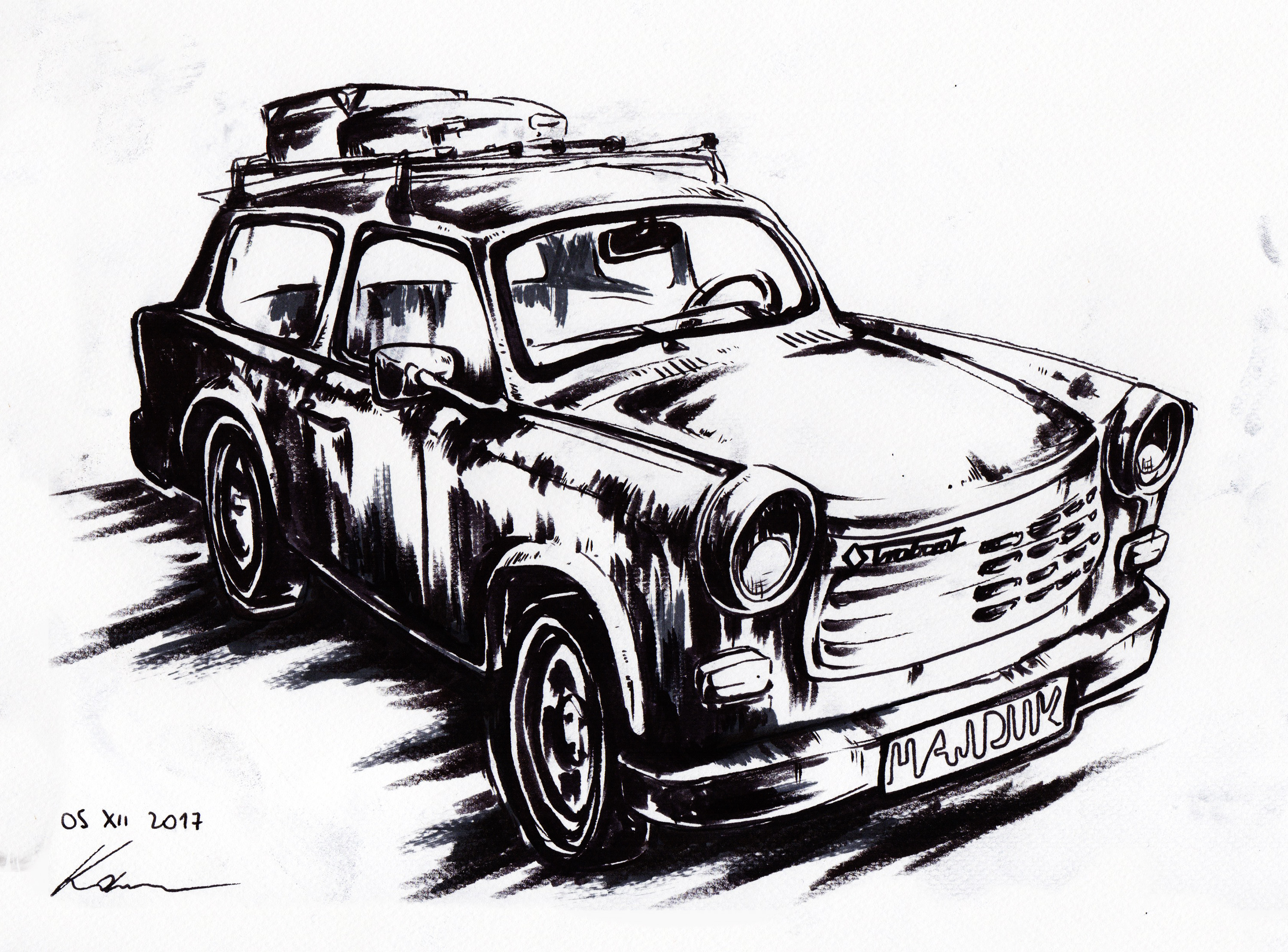 Car Trabant DDR East Germany Vehicle Painting Monochrome White Background Artwork 3000x2217