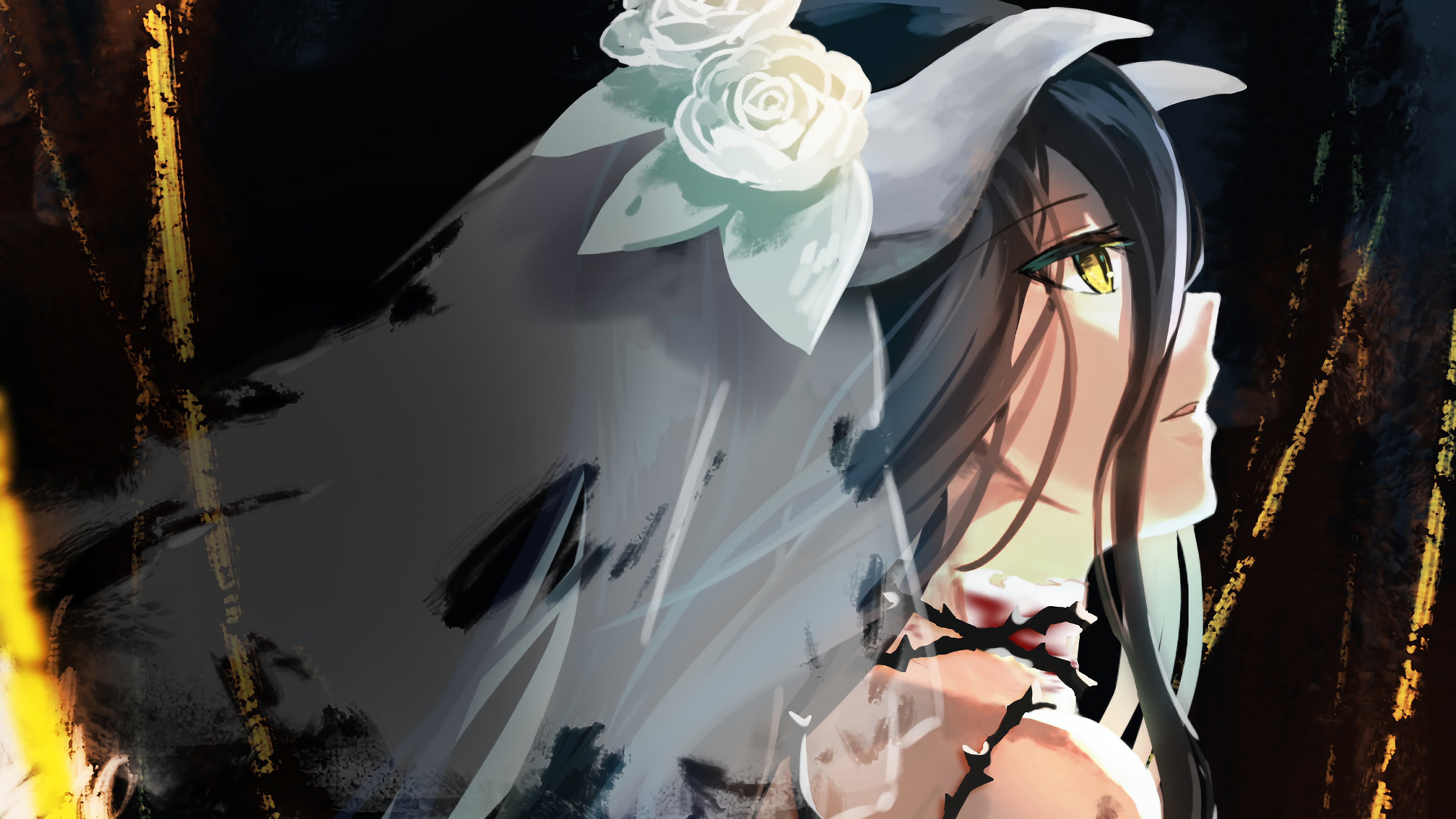 Overlord Anime Albedo OverLord Long Hair Black Hair Horns Demon Horns Hair Ornament Veils Bridal Vei 3840x2160