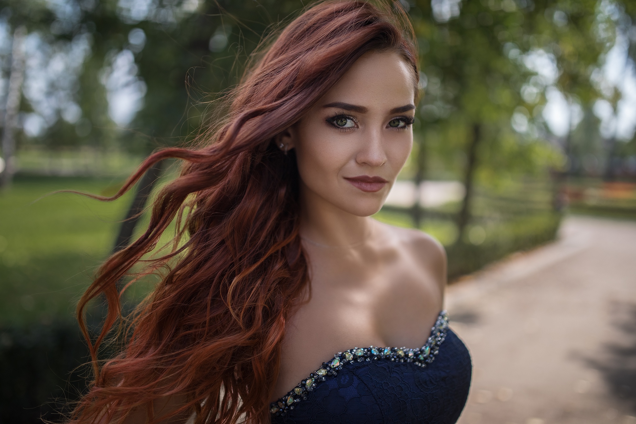 Dmitry Shulgin Women Outdoors Park Long Hair Redhead Women Portrait Blue Dress Bare Shoulders Green  2048x1365