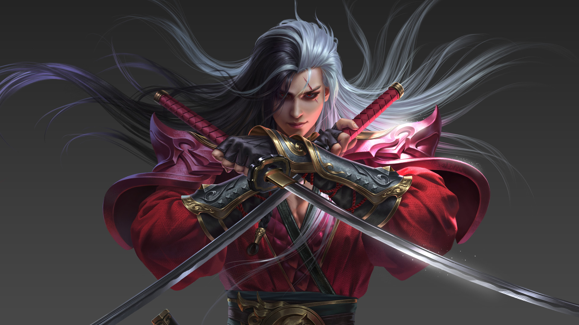 Drawing Asian Men Silver Hair Multicolored Hair Long Hair Wind Red Eyes Scars Armor Gloves Weapon Wa 1920x1080