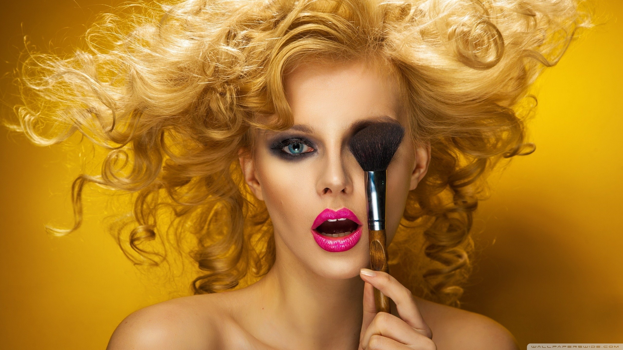 Blonde Model Makeup Brush Makeup Curly Hair Portrait Yellow Background Fashion Face Women 2560x1440
