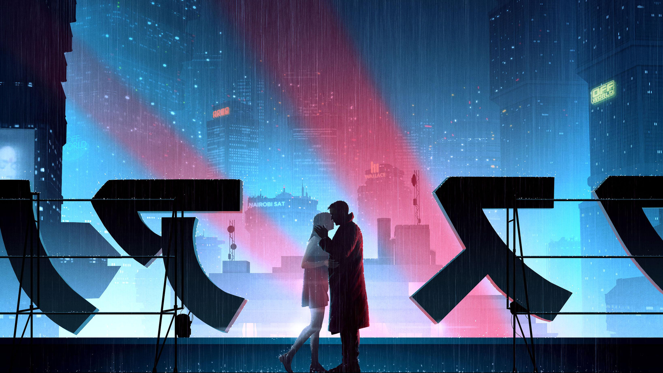 Blade Runner Blade Runner 2049 Joi Officer K Cyberpunk Blue Japanese City Rain Kissing Los Angeles L 2560x1440