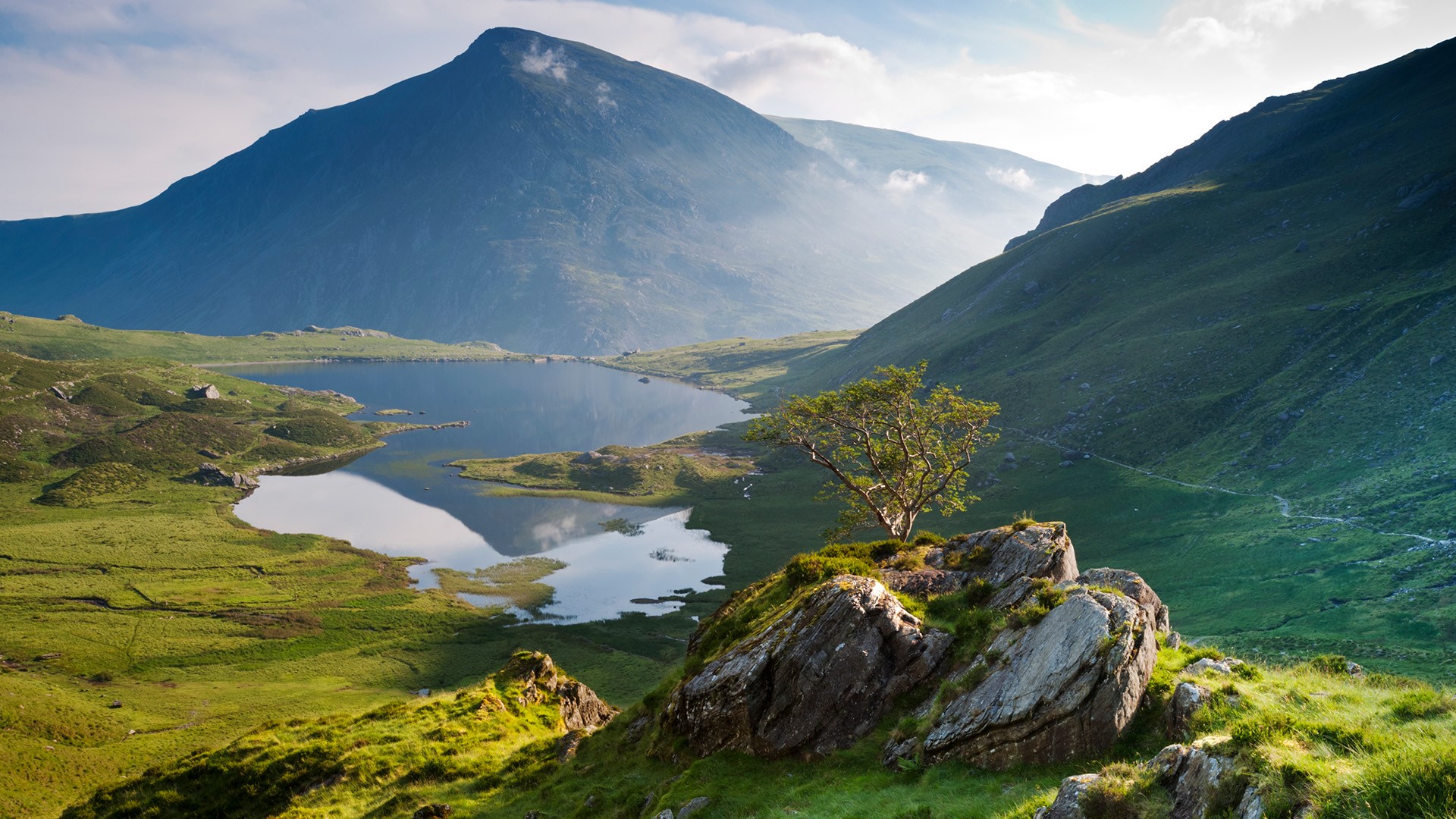 Mountains Clouds Lake Trees Rocks Reflects Wales UK Grass 1920x1080