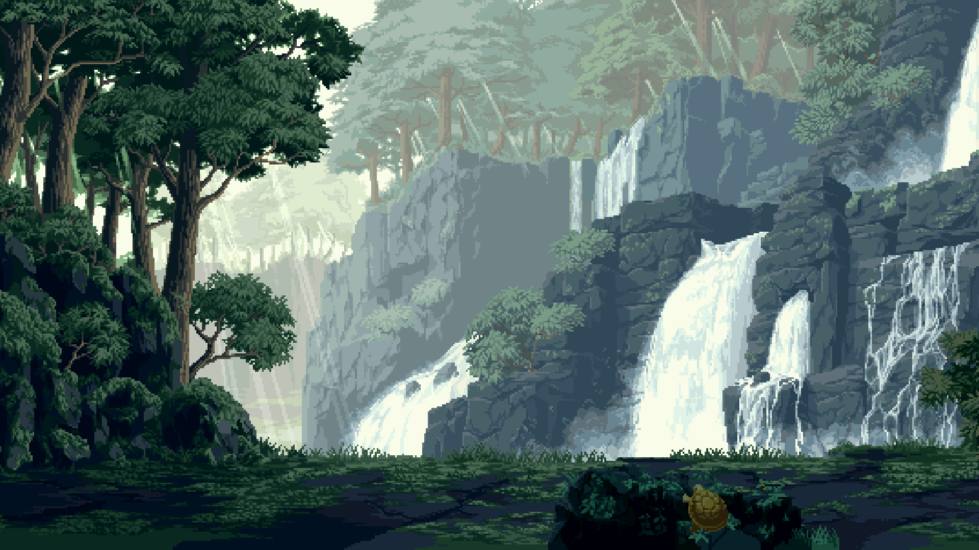Digital Art Pixel Art Pixelated Pixels Nature Landscape Waterfall Trees Rock Turtle Forest Landscape 1920x1080