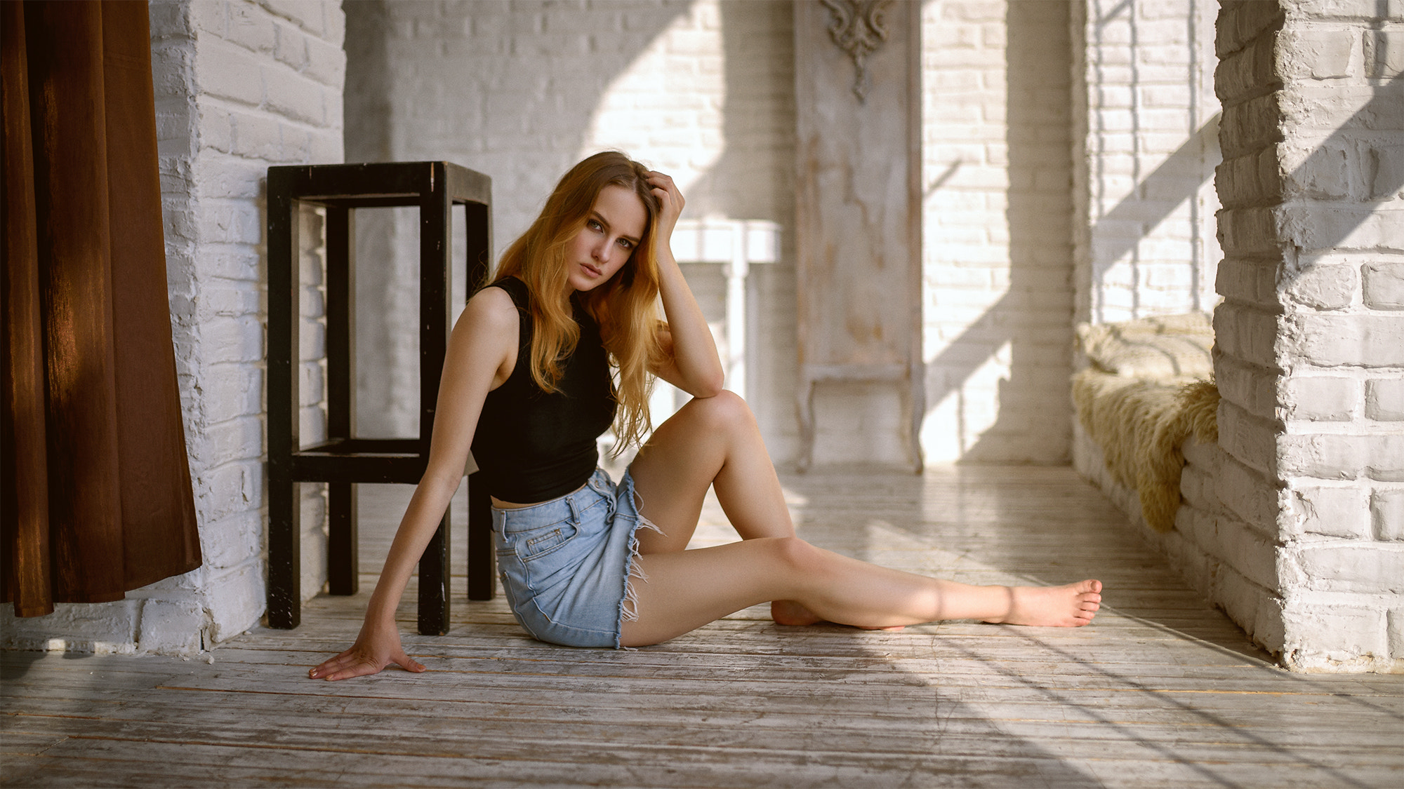 Women Sitting Denim Skirt Brunette On The Floor Bricks Barefoot 2000x1125