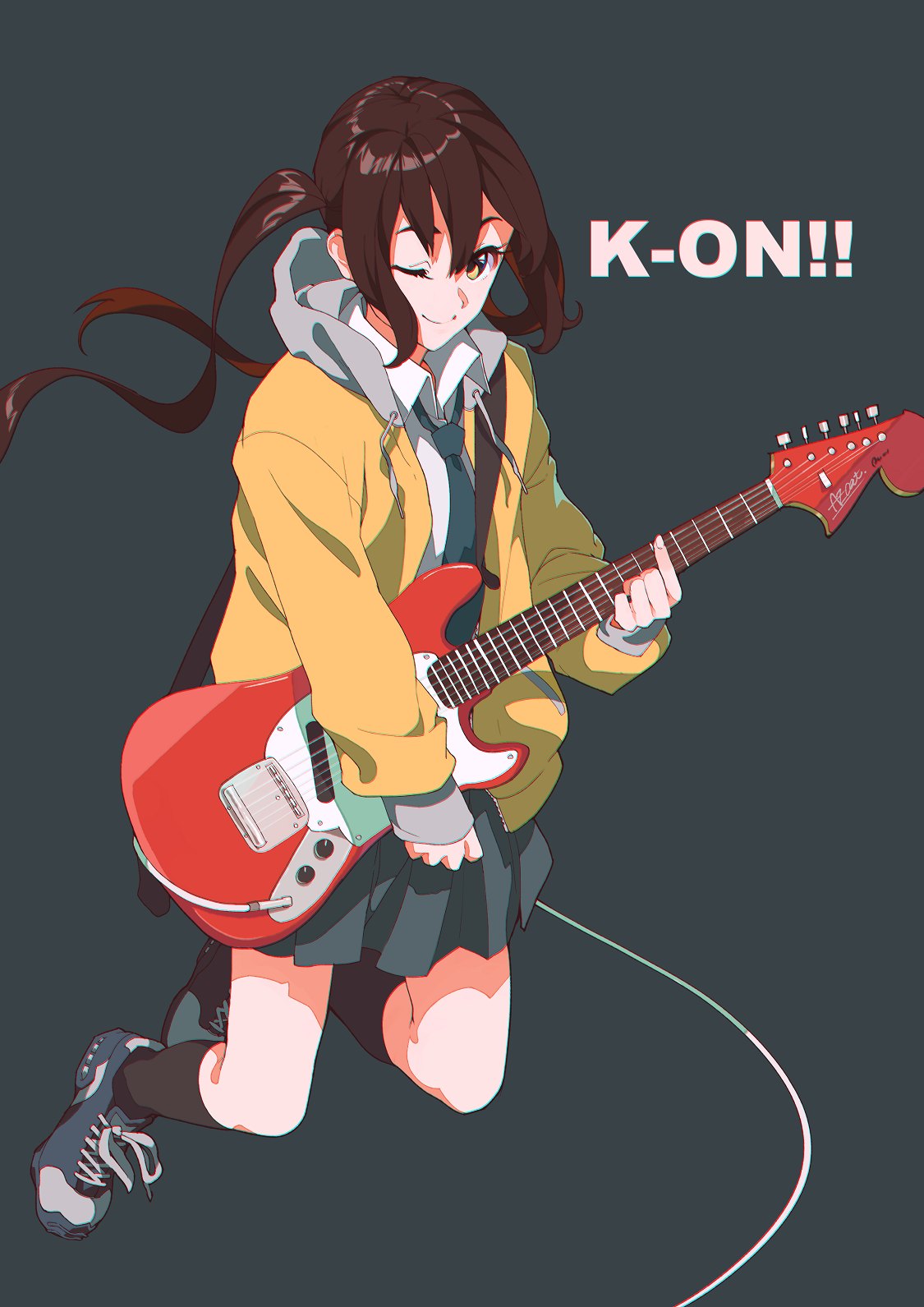 K ON Anime Girls Nakano Azusa 2D Simple Background JK School Uniform Guitarist Black Hair Long Hair  1125x1591